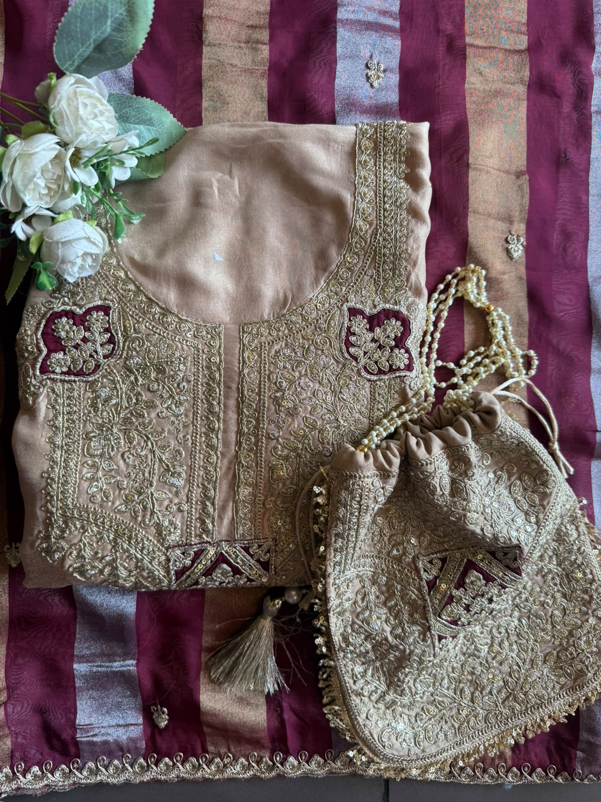 Nude Beige Hand Embroidered Suit Set with Potli