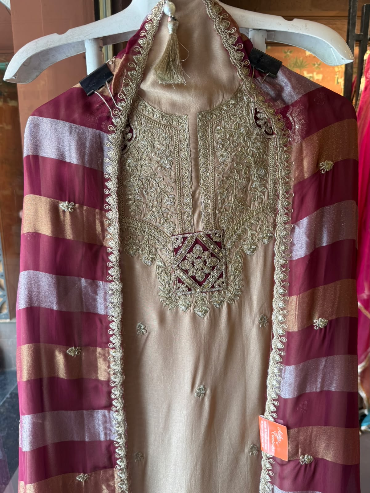 Nude Beige Hand Embroidered Suit Set with Potli