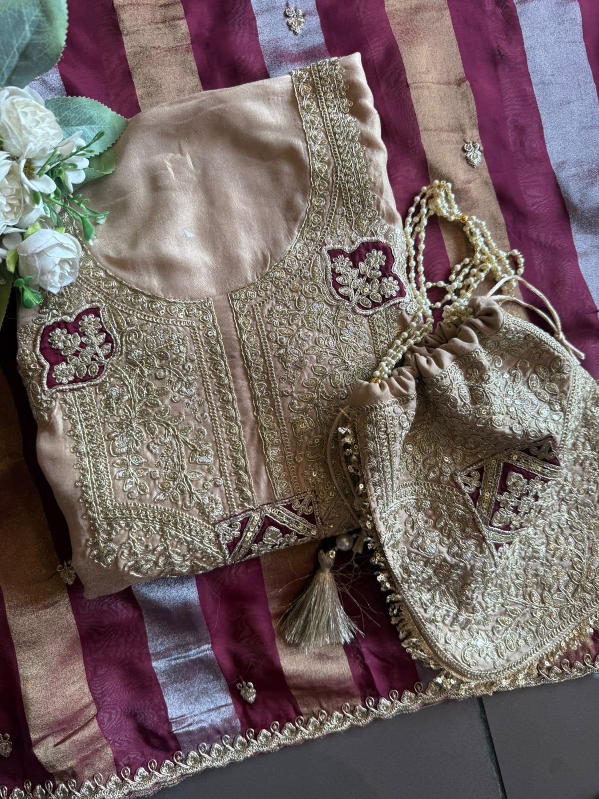 Nude Beige Hand Embroidered Suit Set with Potli