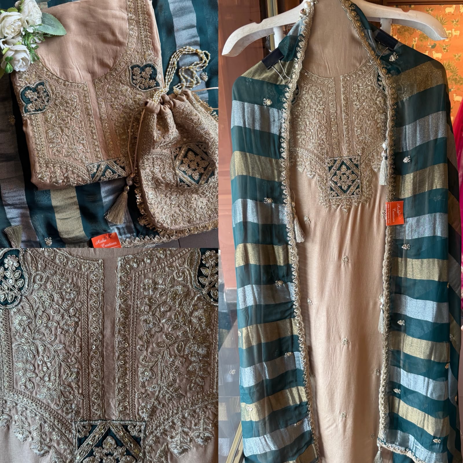Nude Beige Hand Embroidered Suit Set with Potli