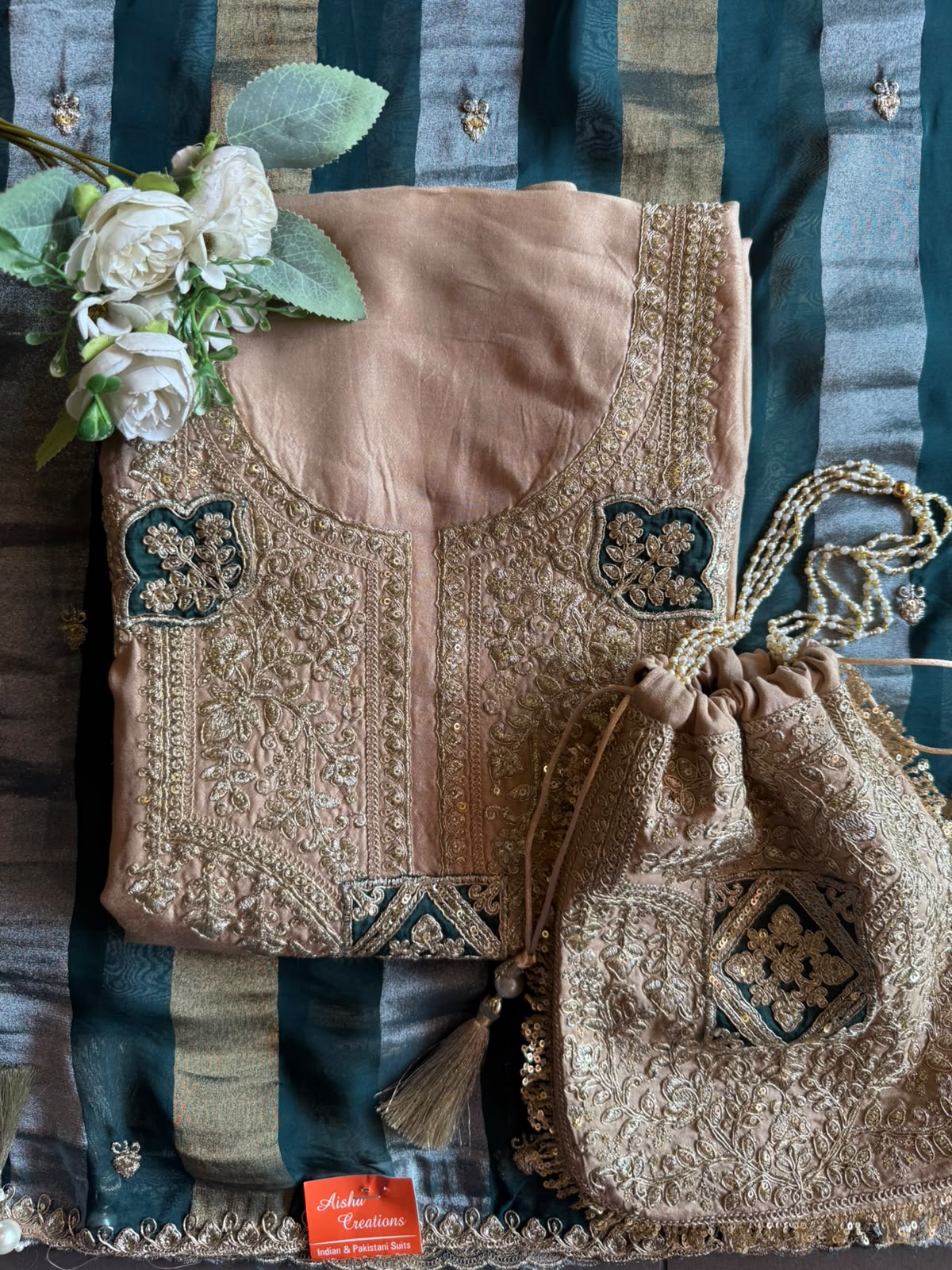 Nude Beige Hand Embroidered Suit Set with Potli