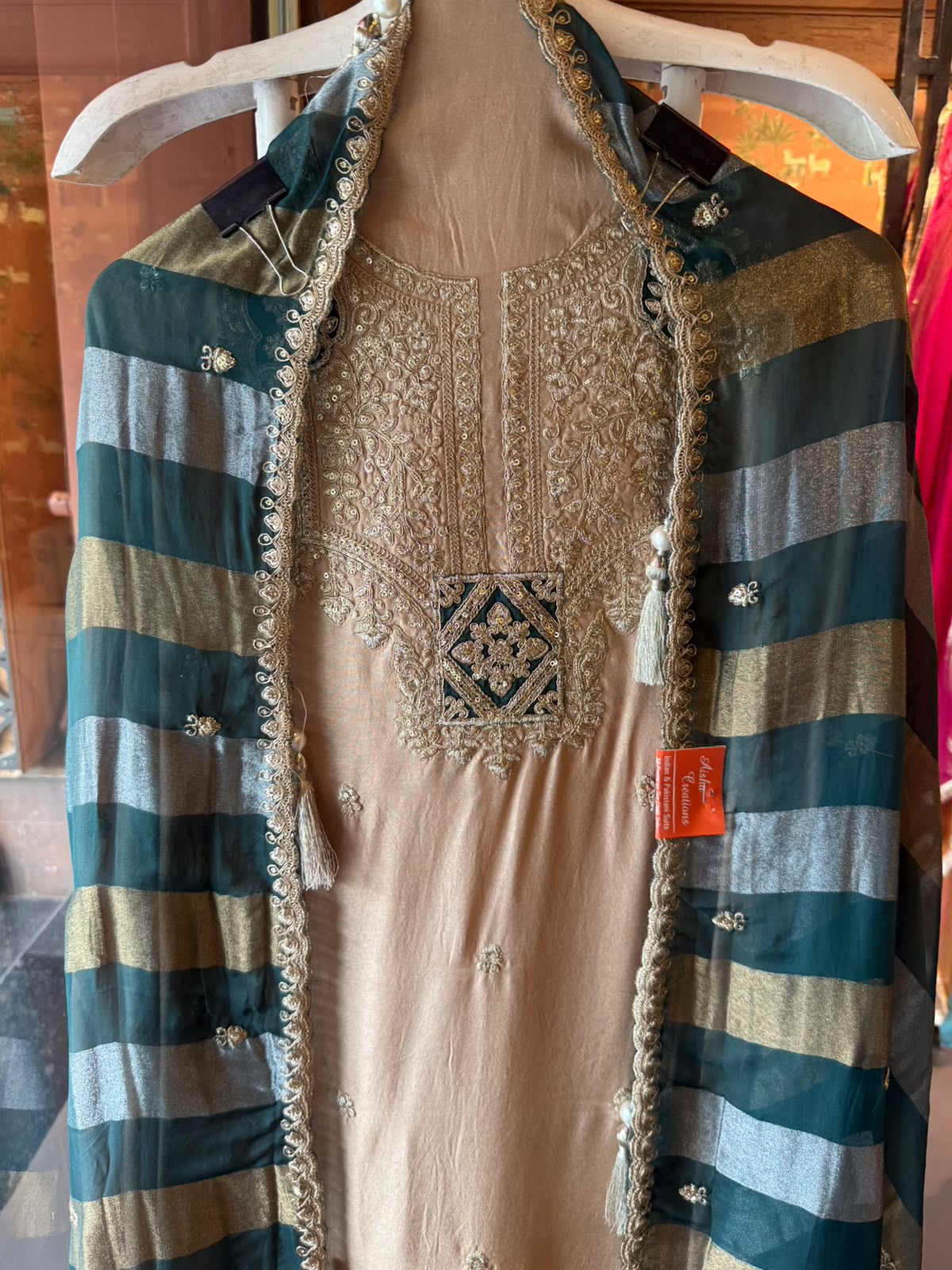 Nude Beige Hand Embroidered Suit Set with Potli