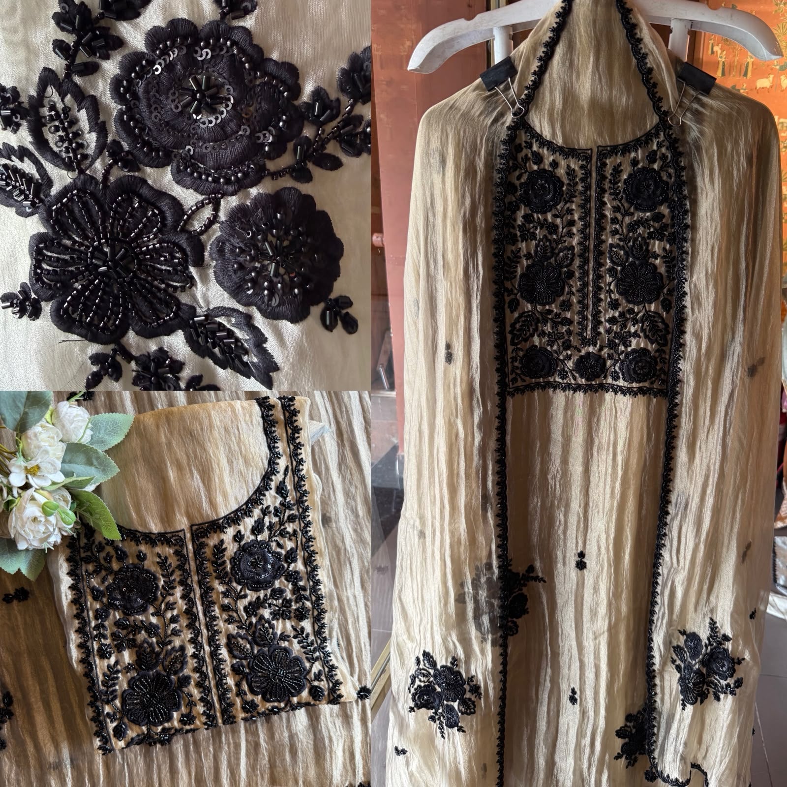 Black & beige bead embellished Embroidered Suit Set