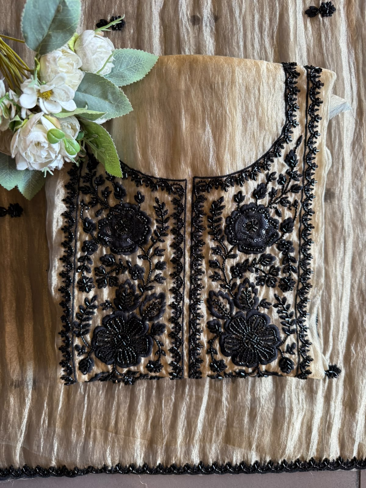 Black & beige bead embellished Embroidered Suit Set