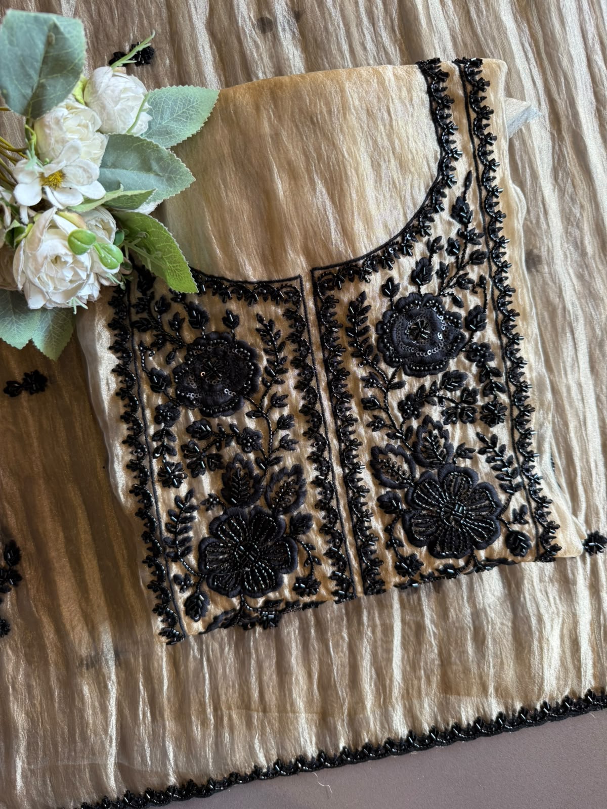 Black & beige bead embellished Embroidered Suit Set