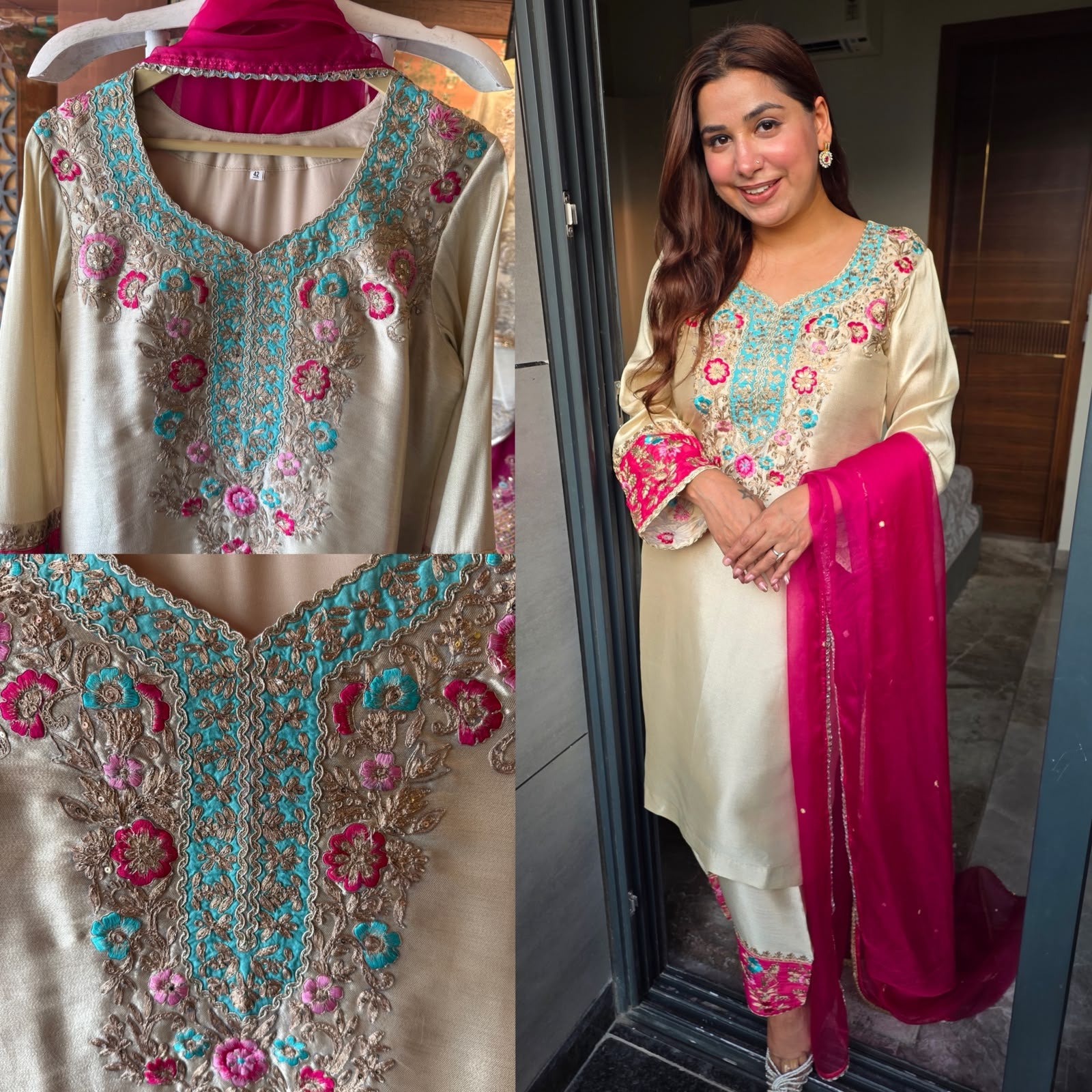 Ivory Multi coloured Floral Embroidered Suit Set