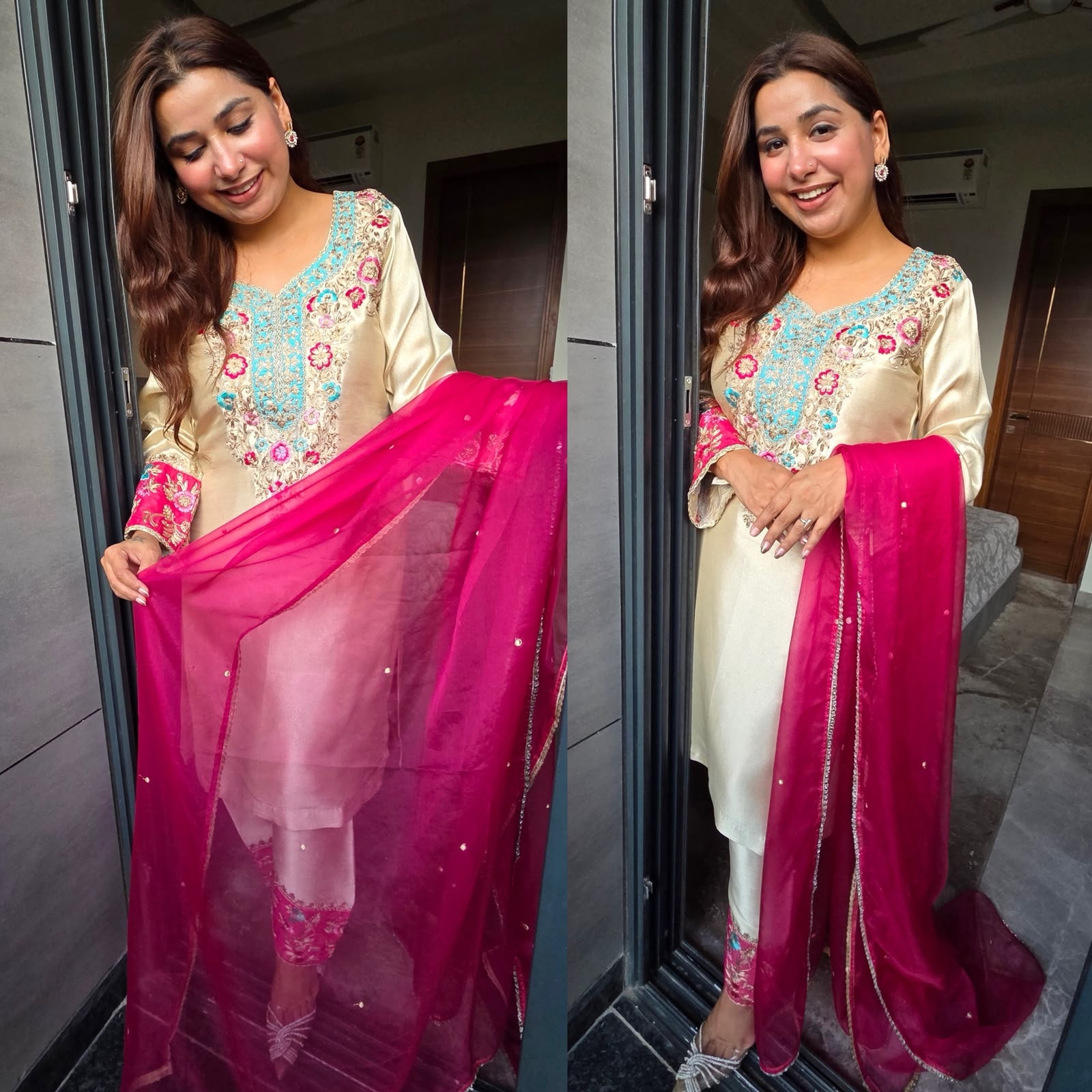 Ivory Multi coloured Floral Embroidered Suit Set
