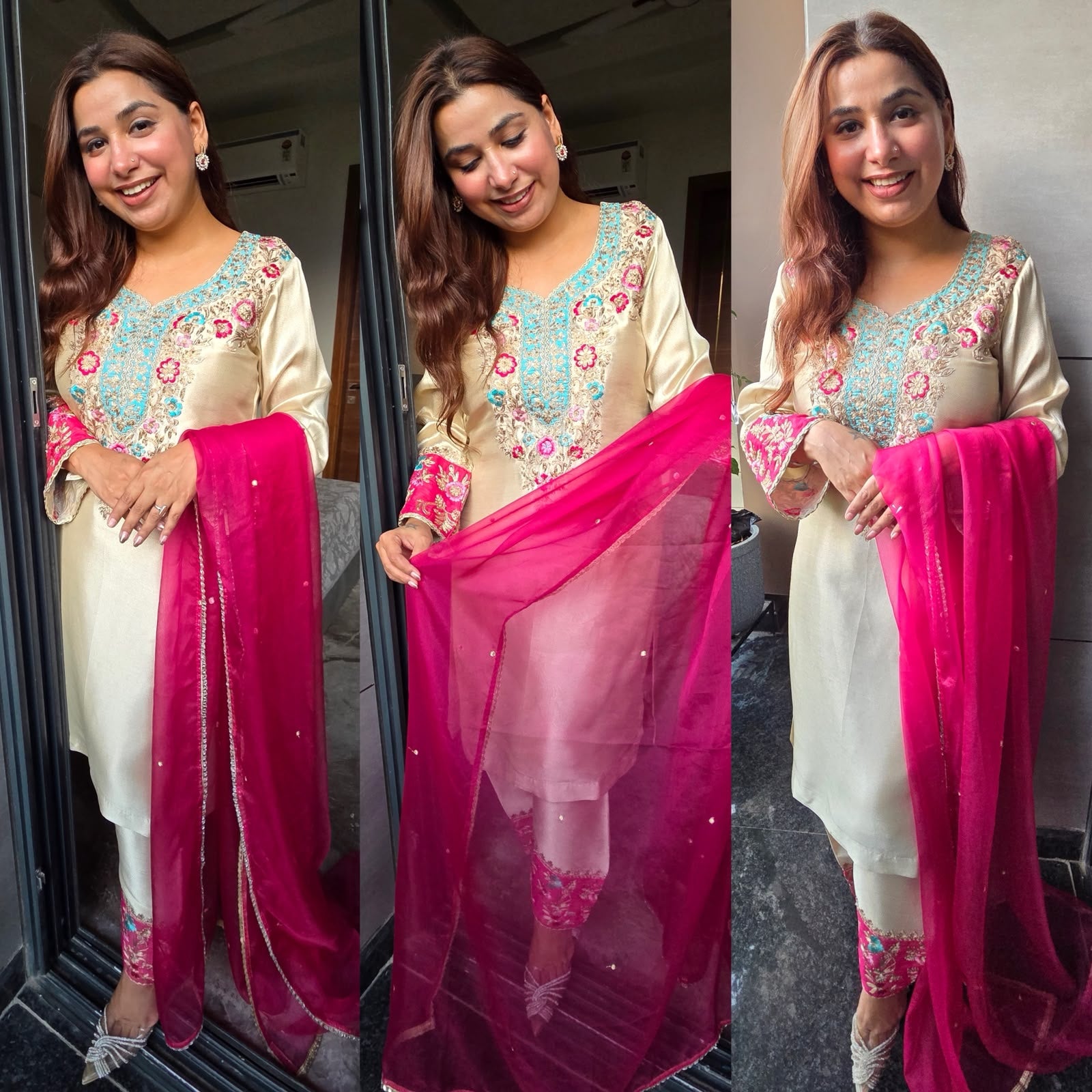 Ivory Multi coloured Floral Embroidered Suit Set