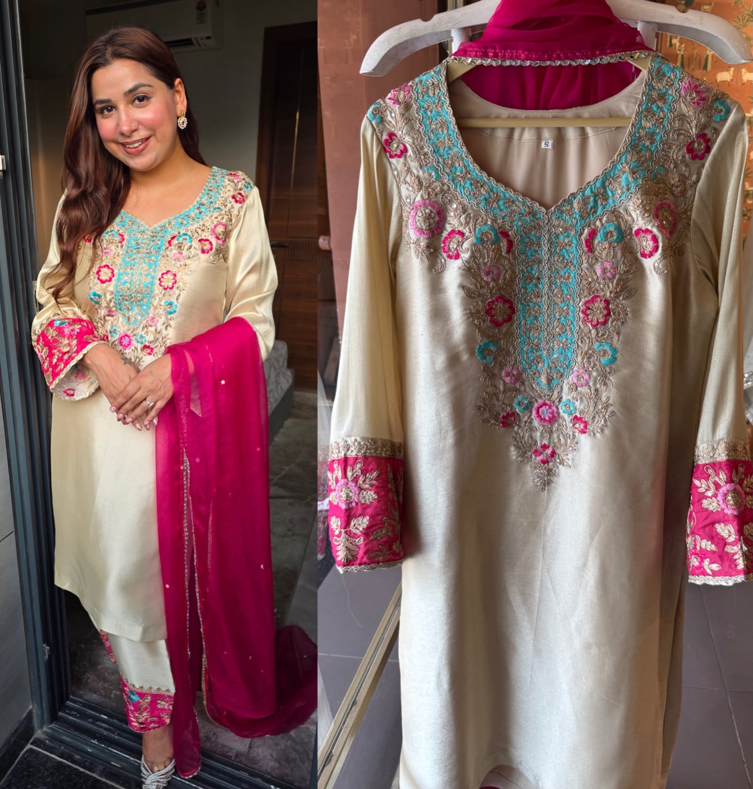 Ivory Multi coloured Floral Embroidered Suit Set