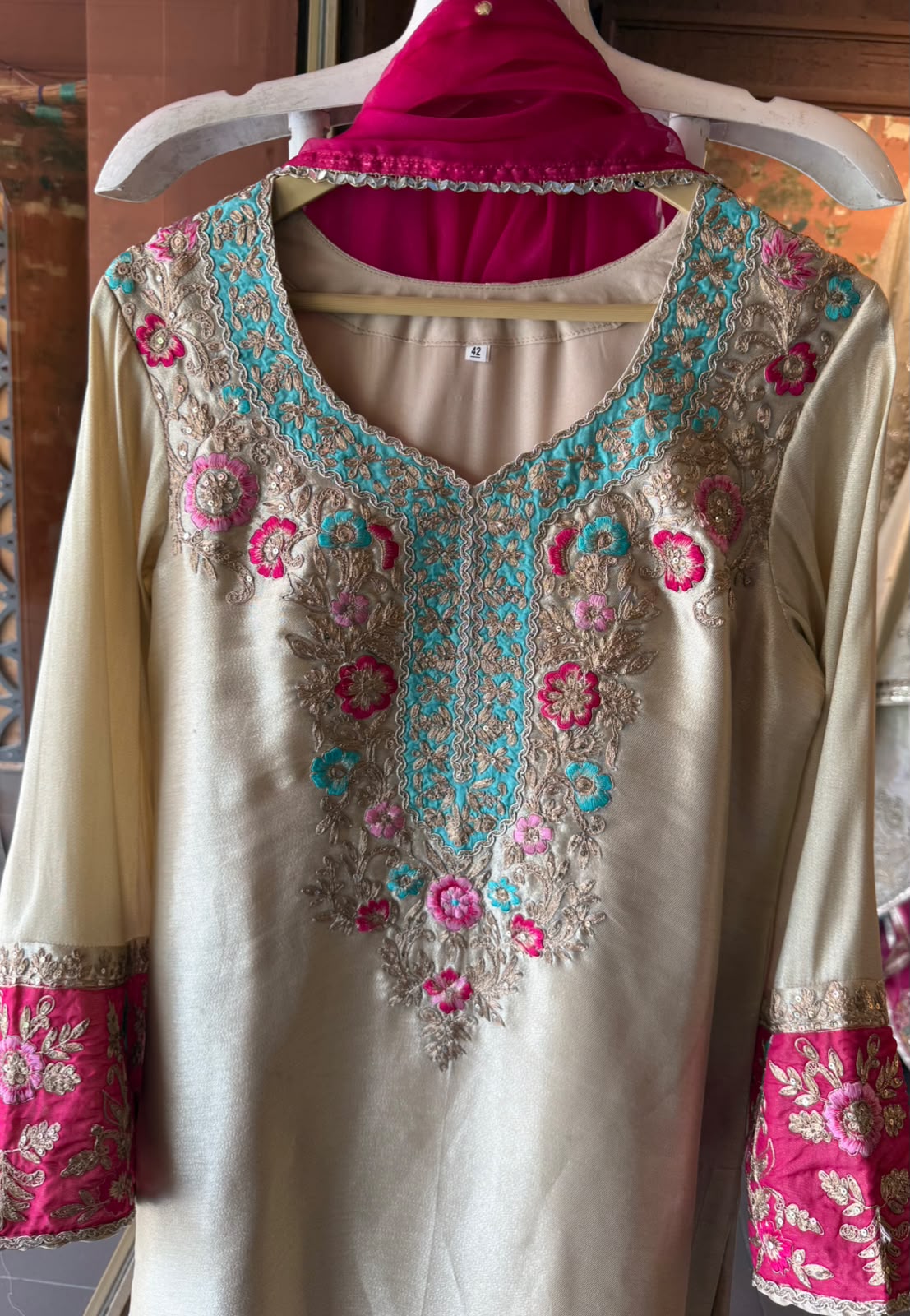 Ivory Multi coloured Floral Embroidered Suit Set