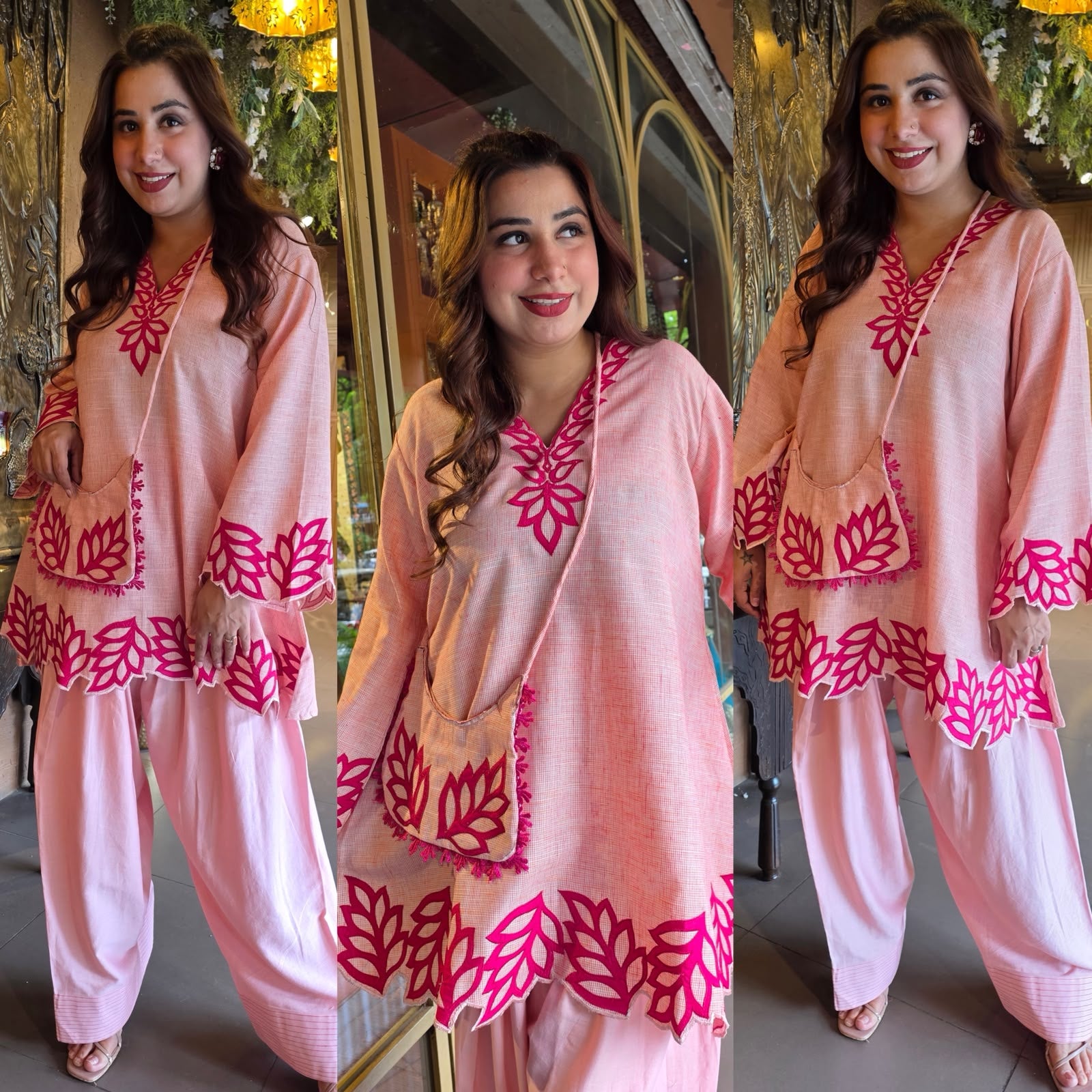 Two-piece co-ord set with matching sling bag