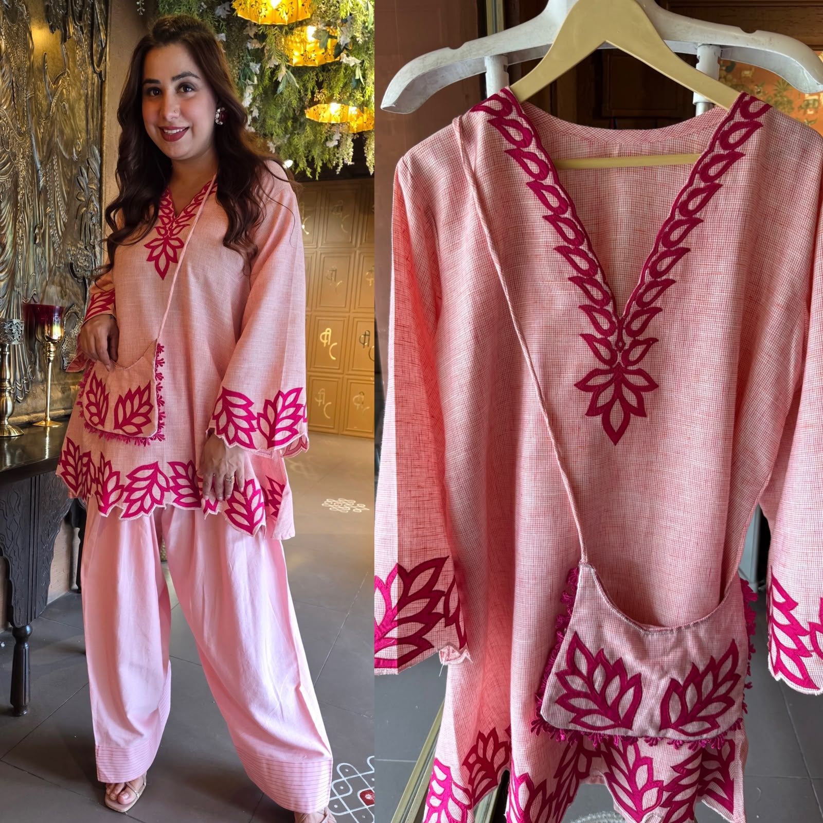 Two-piece co-ord set with matching sling bag