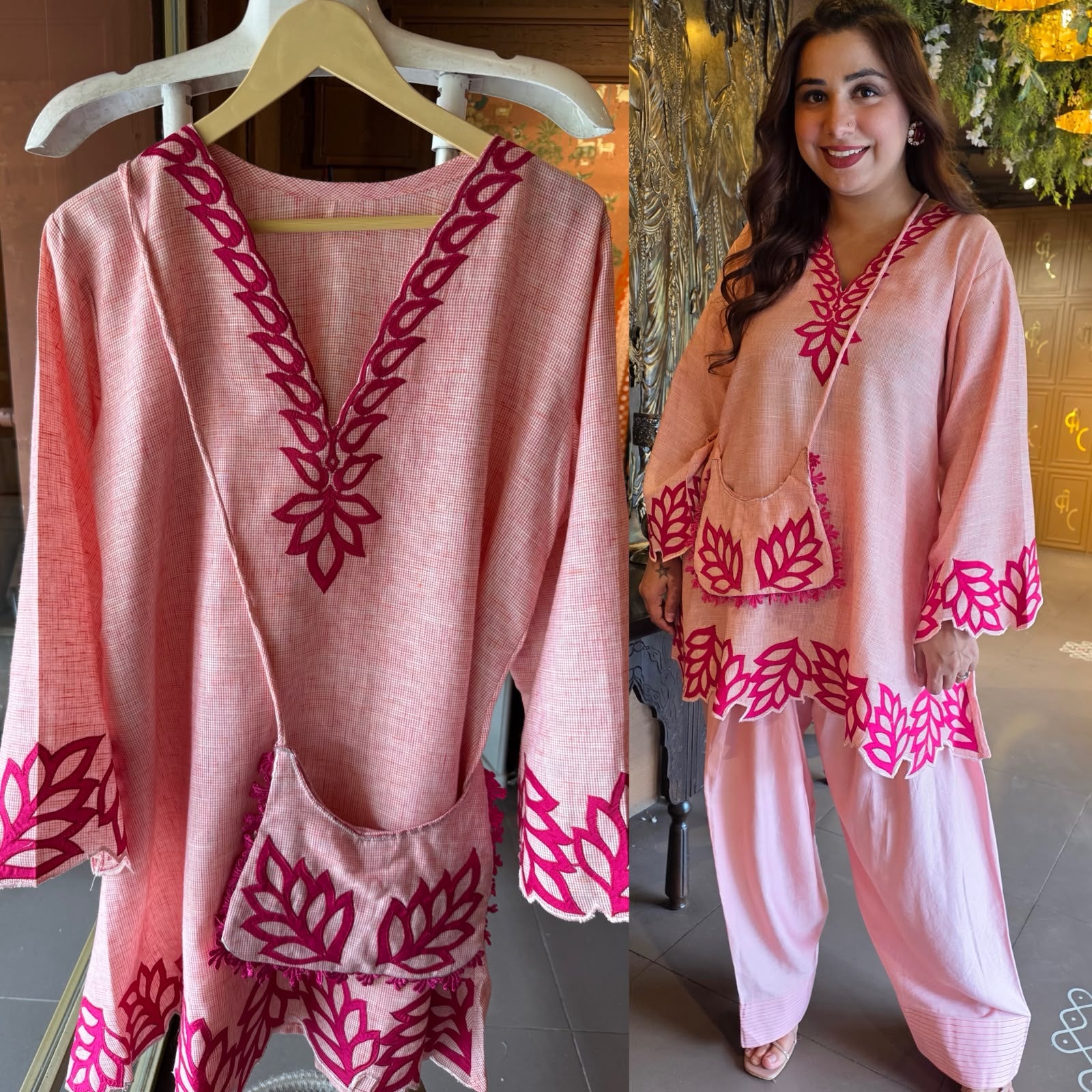 Two-piece co-ord set with matching sling bag