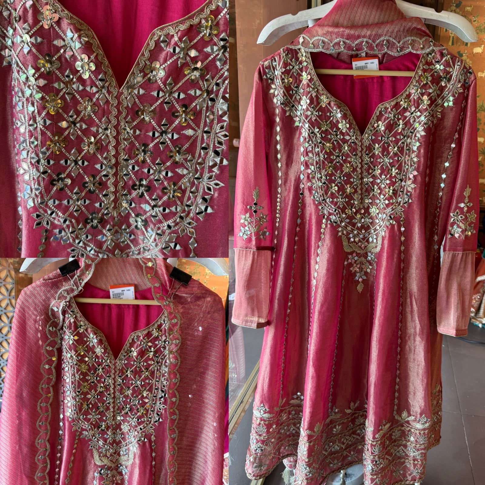 Rose Pink Mirror Work Anarkali Set