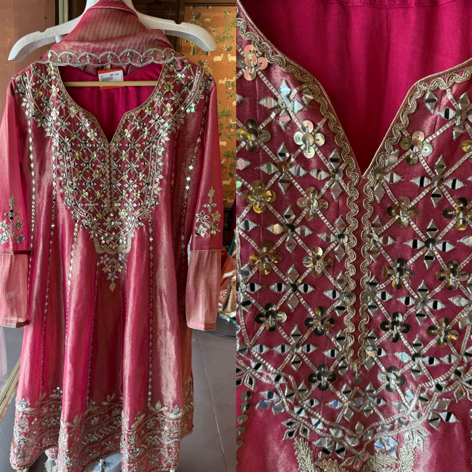 Rose Pink Mirror Work Anarkali Set