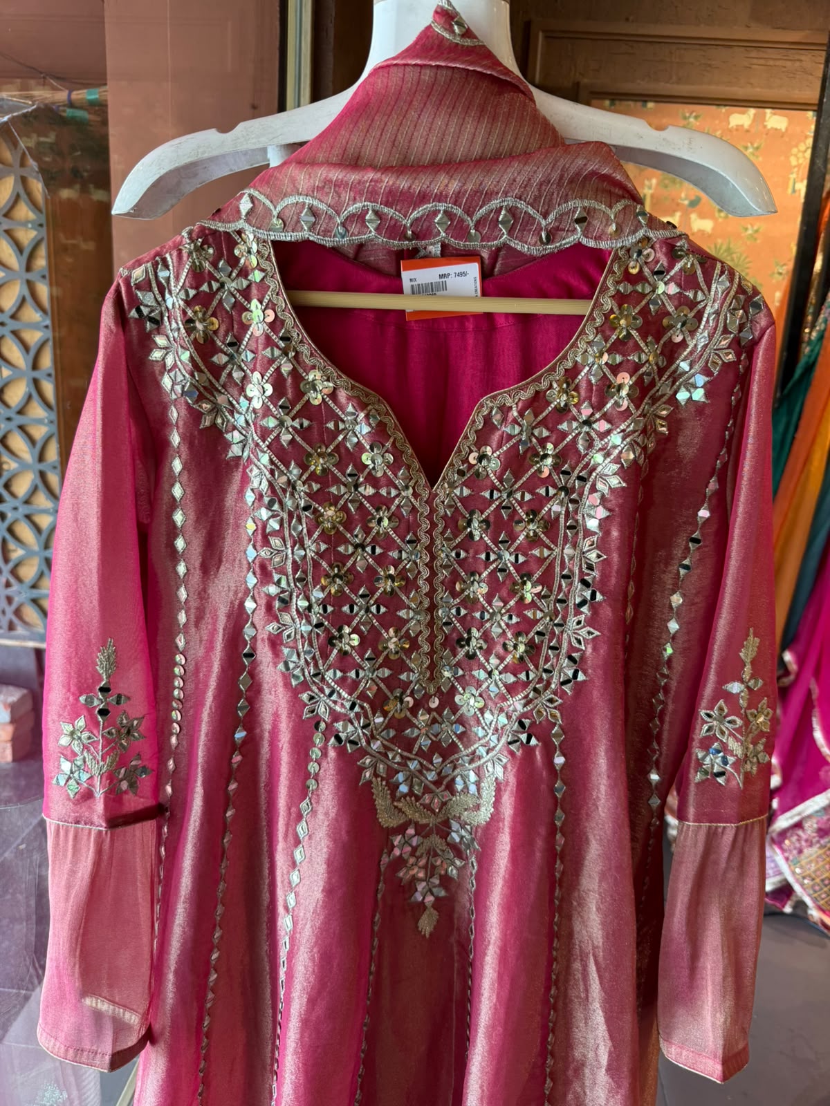 Rose Pink Mirror Work Anarkali Set