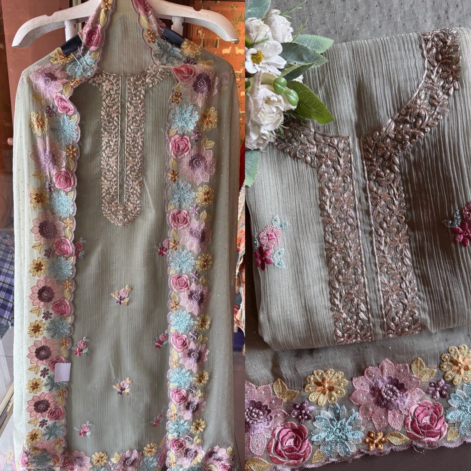 Multi coloured Floral Embroidered Suit Set
