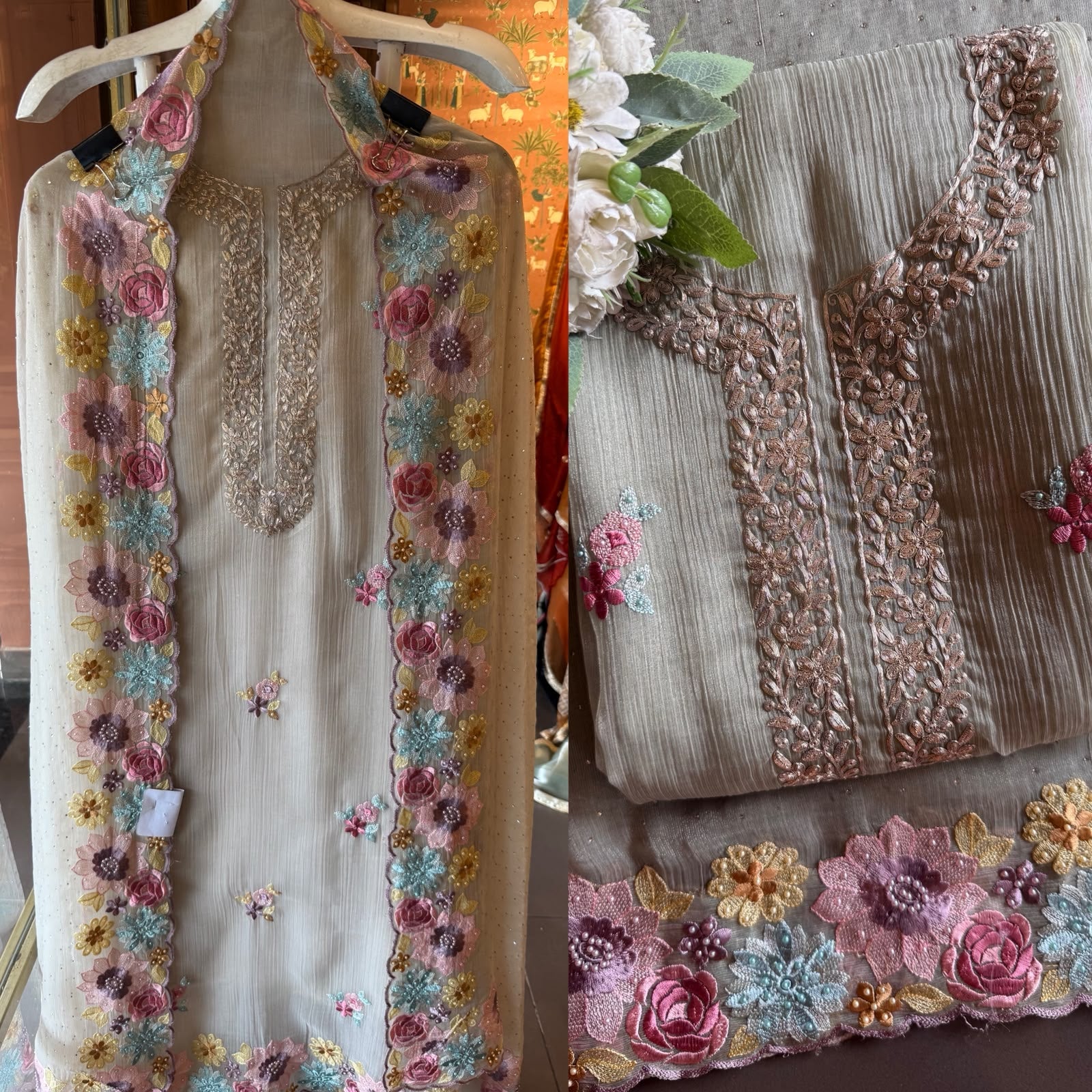 Multi coloured Floral Embroidered Suit Set