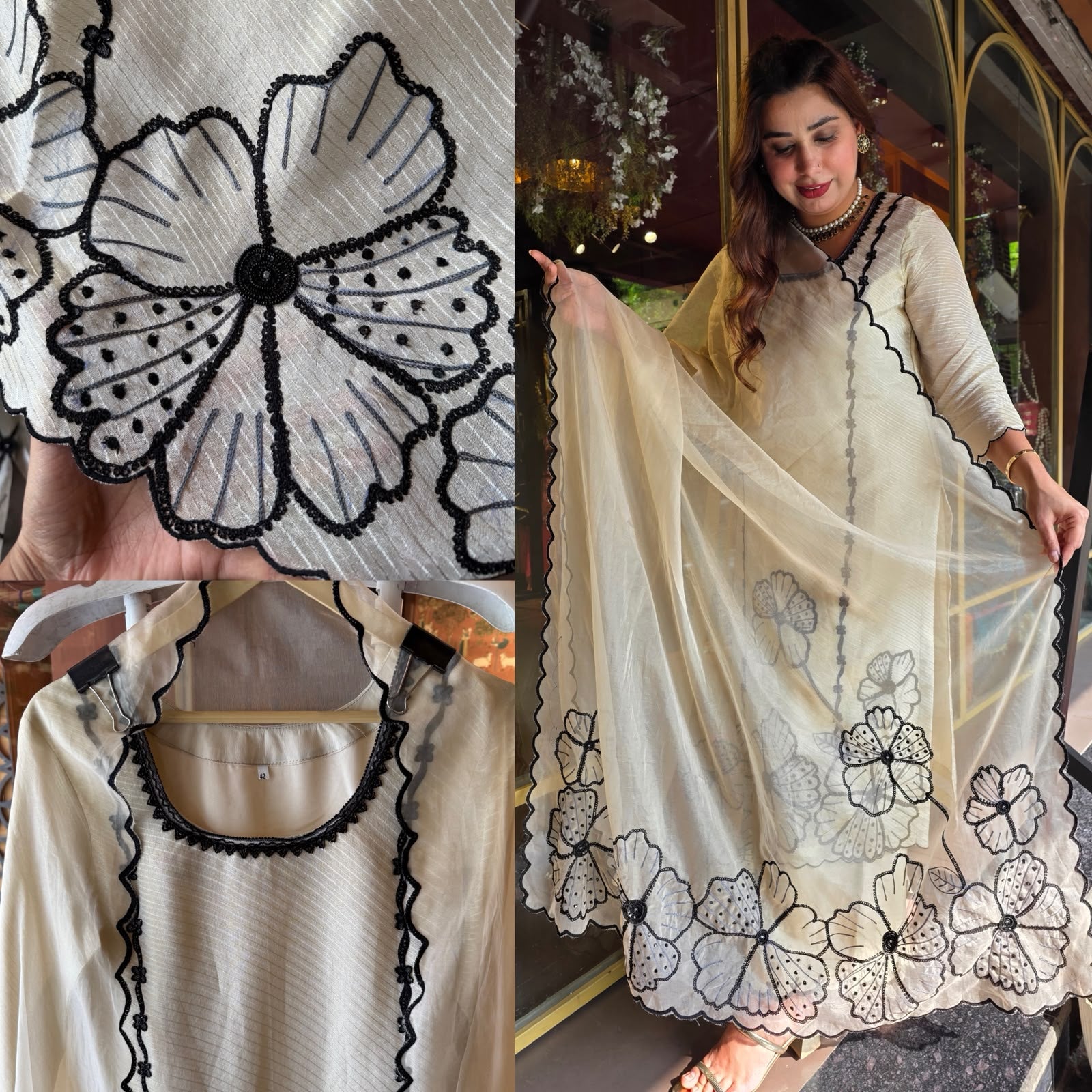 Ivory & Black Floral designer Suit Set