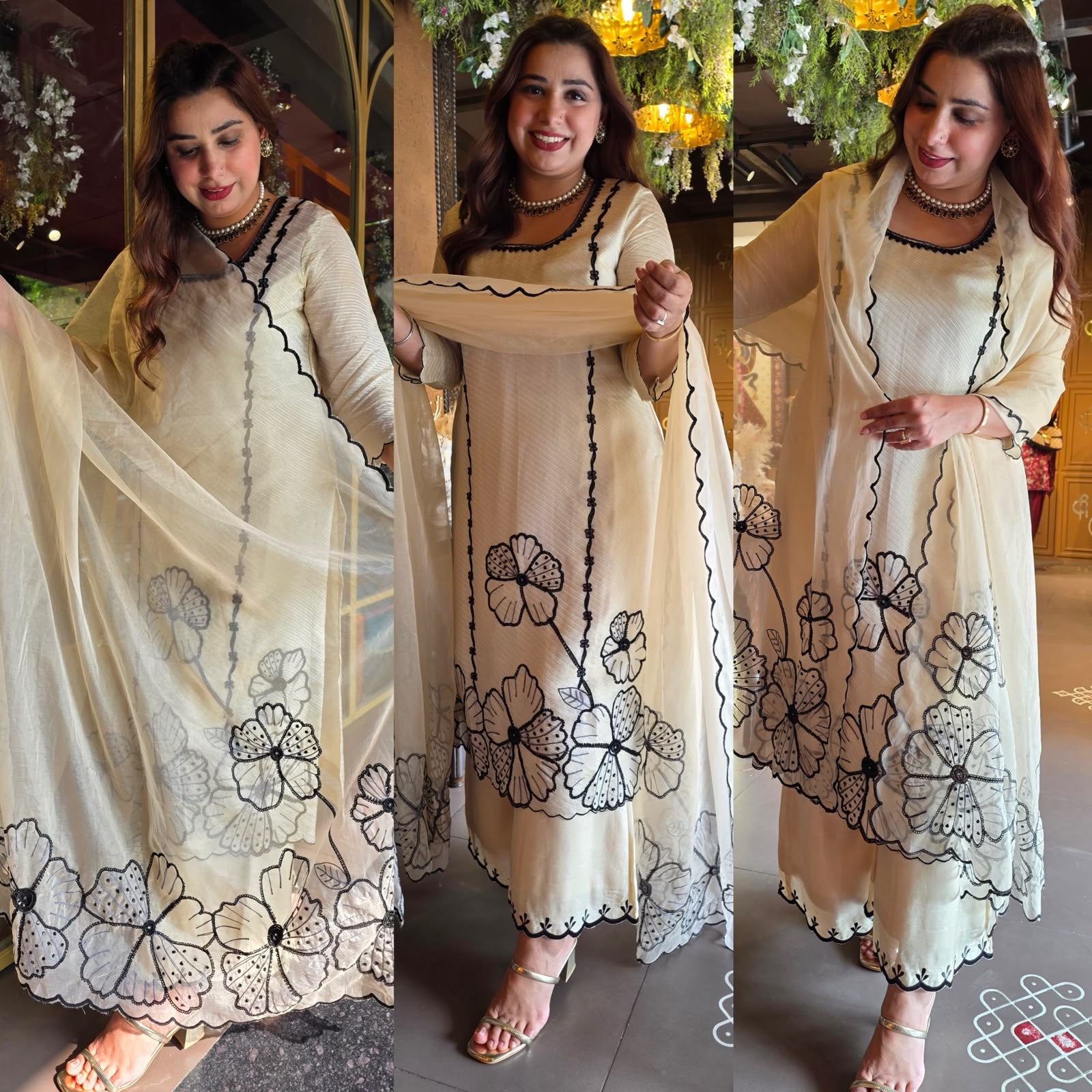 Ivory & Black Floral designer Suit Set