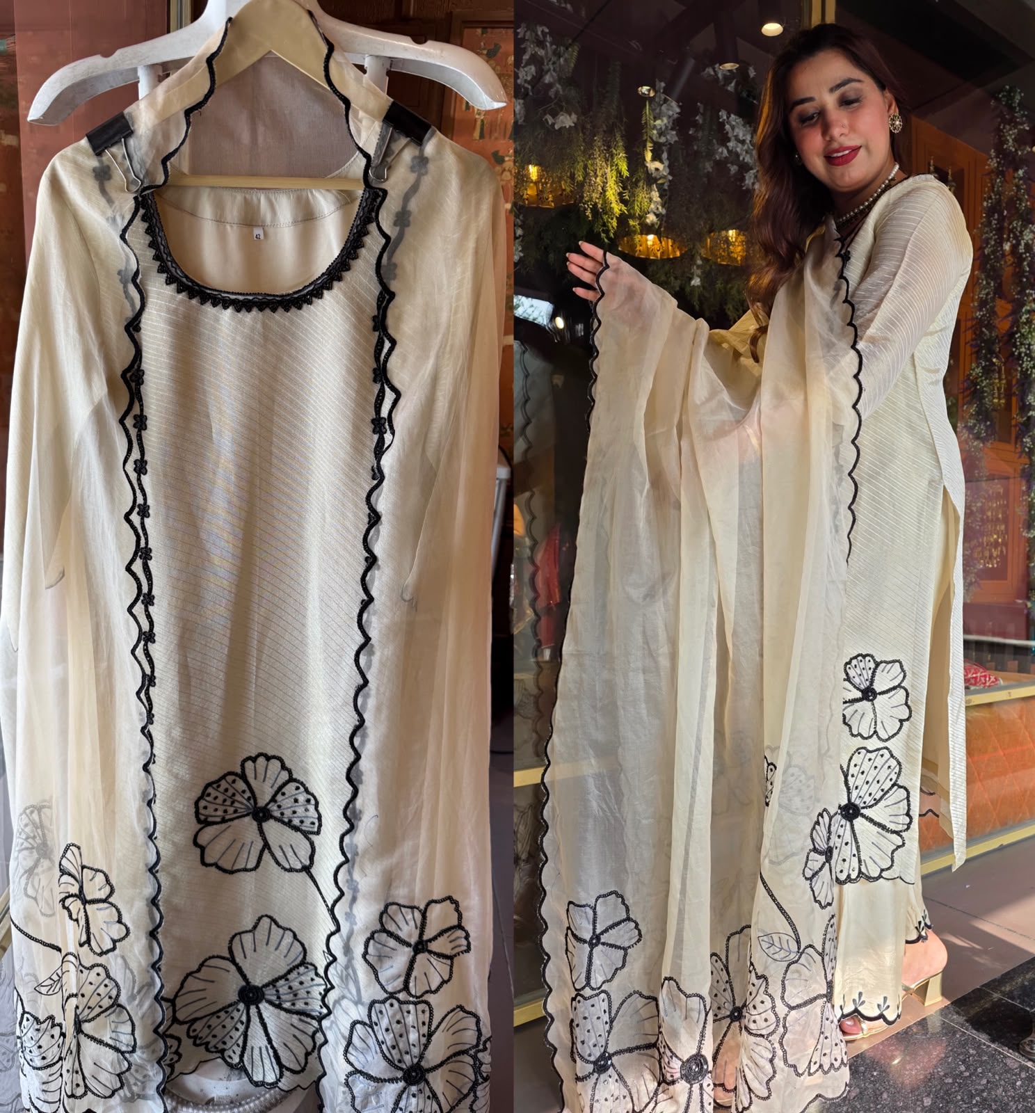 Ivory & Black Floral designer Suit Set