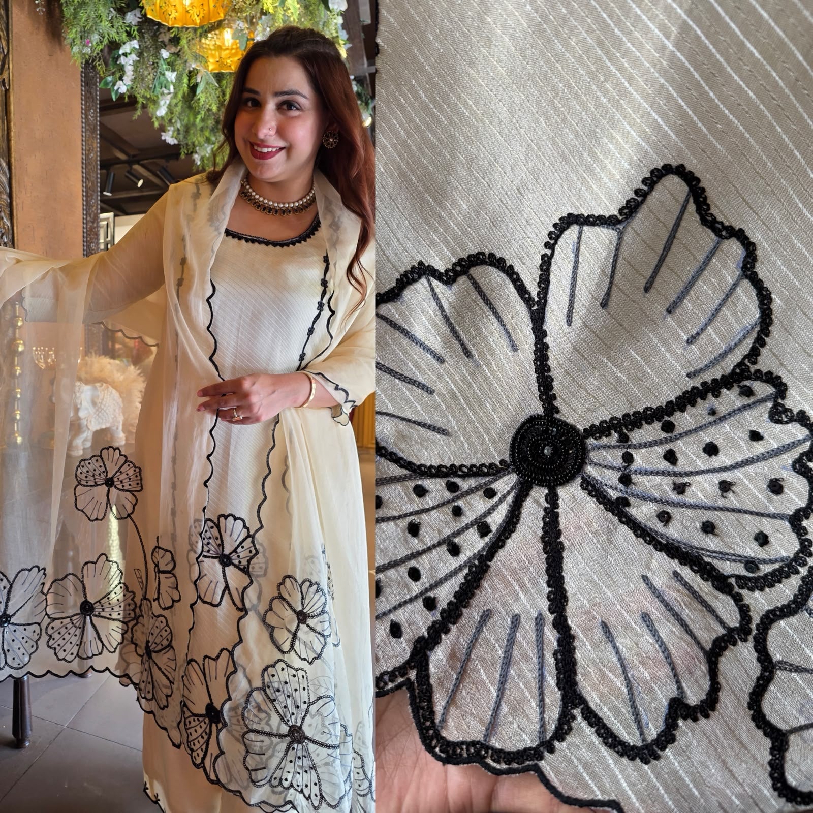 Ivory & Black Floral designer Suit Set