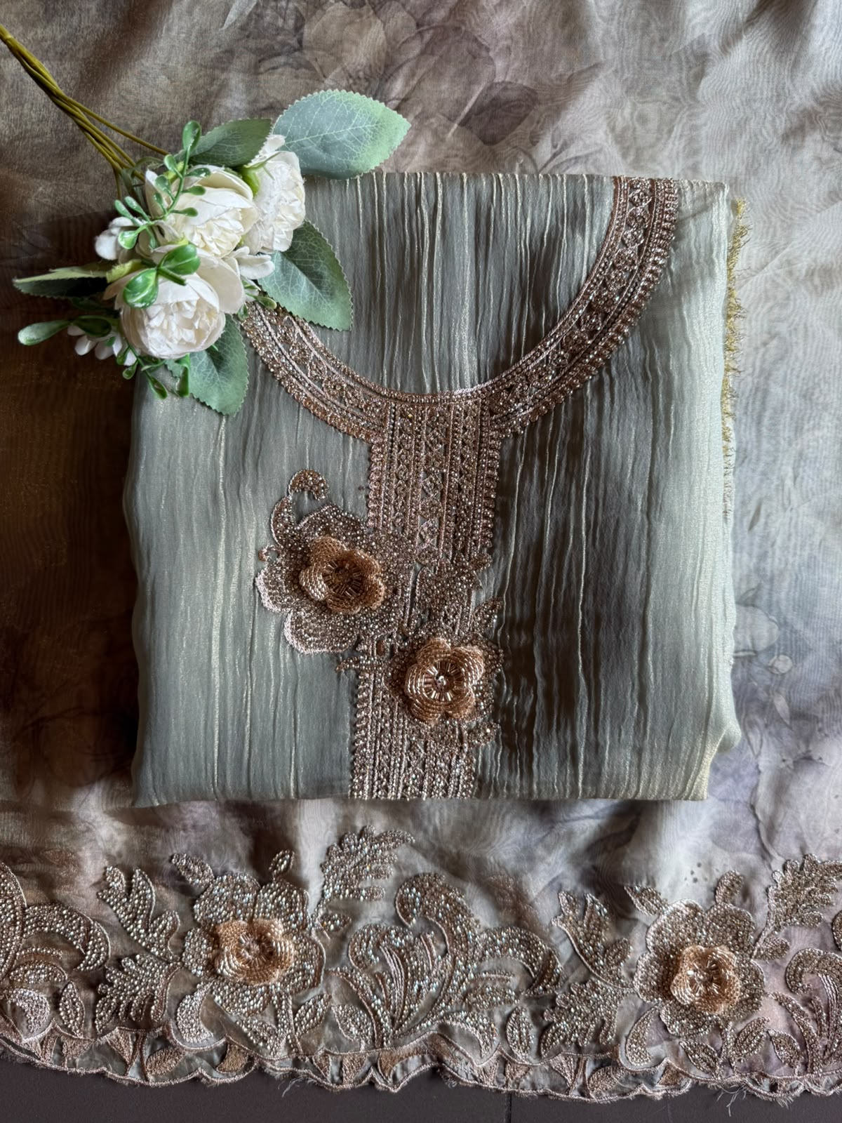 Embroidered crushed tissue Suit Set
