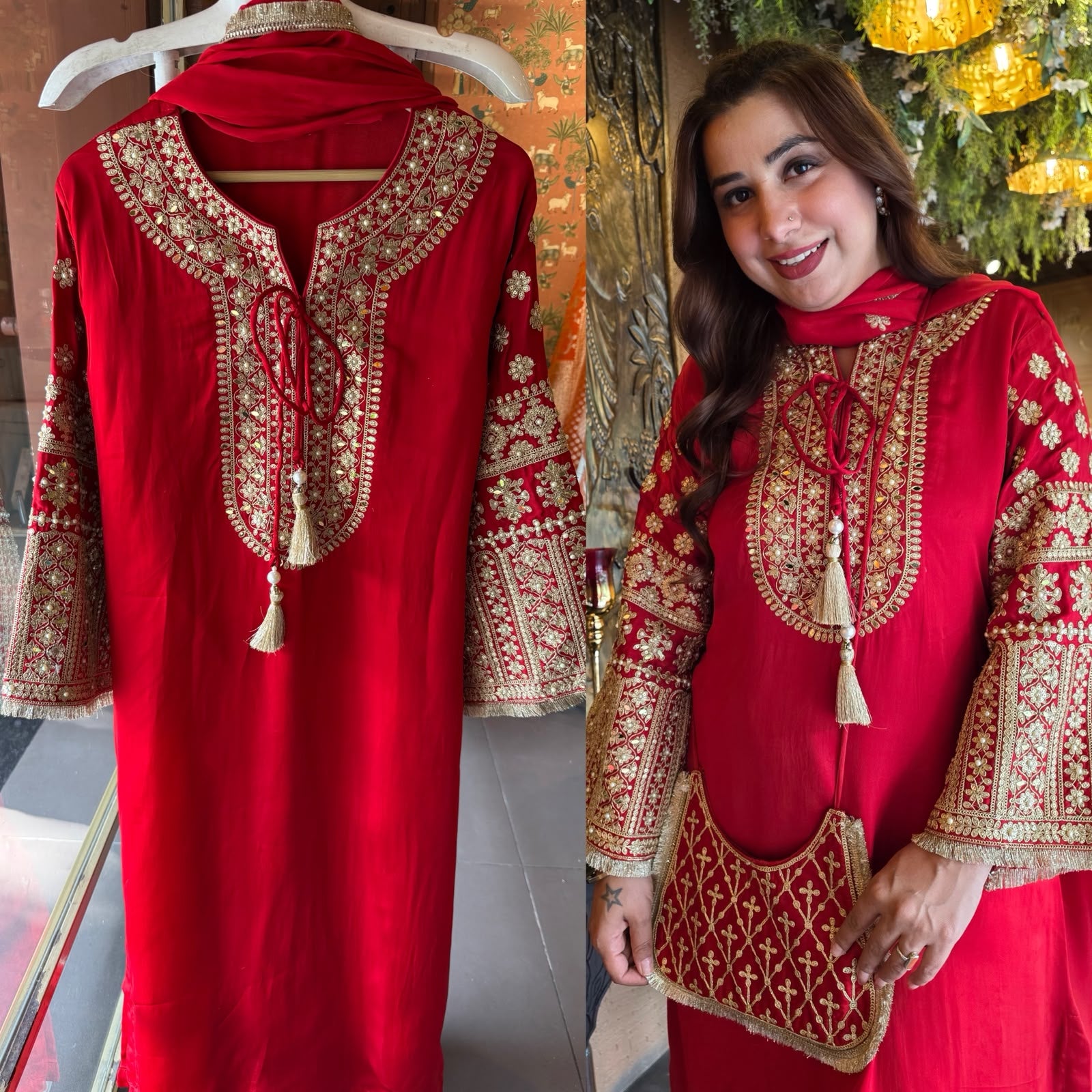 Hand Embroidered Straight Suit Set with Bottoms