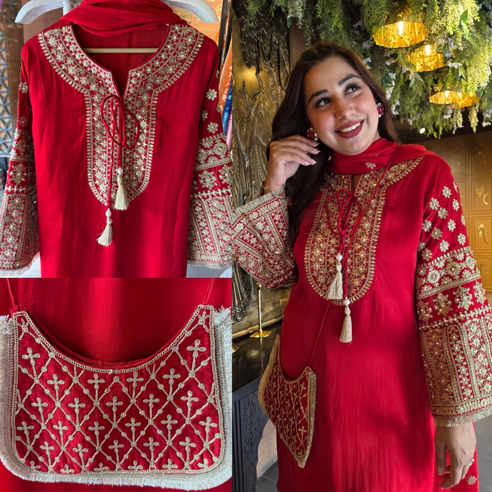 Hand Embroidered Straight Suit Set with Bottoms