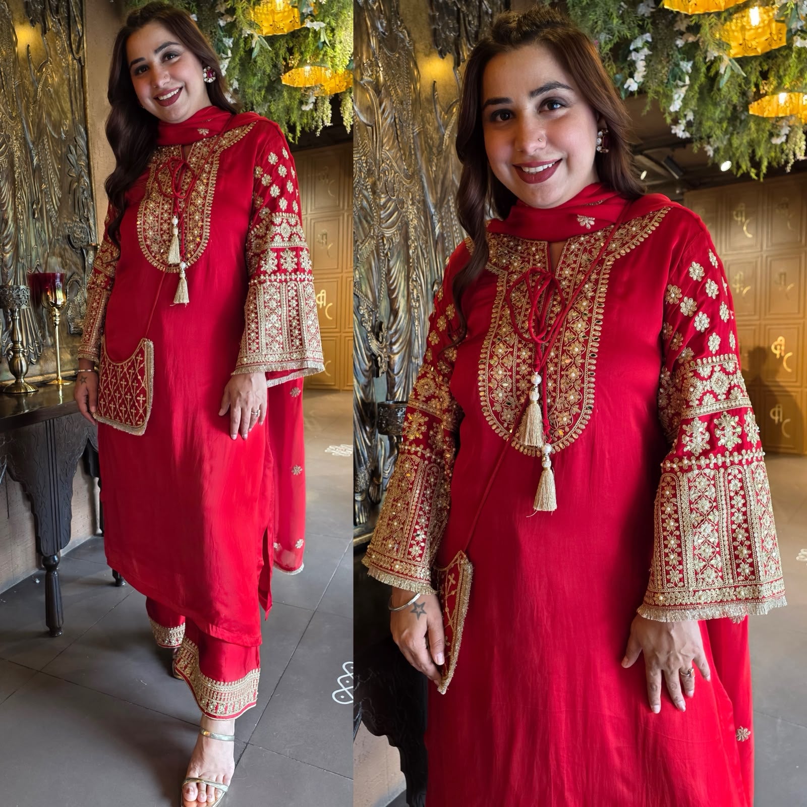 Hand Embroidered Straight Suit Set with Bottoms