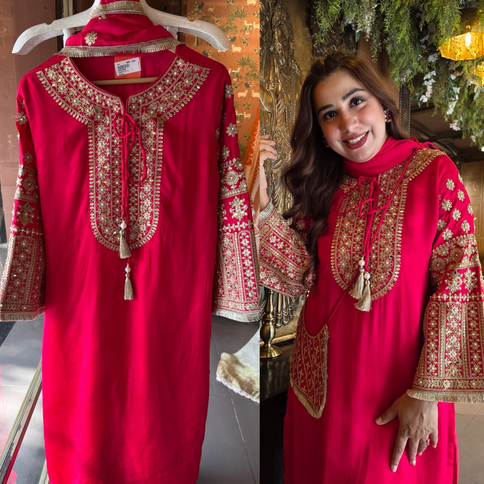 Hand Embroidered Straight Suit Set with Bottoms