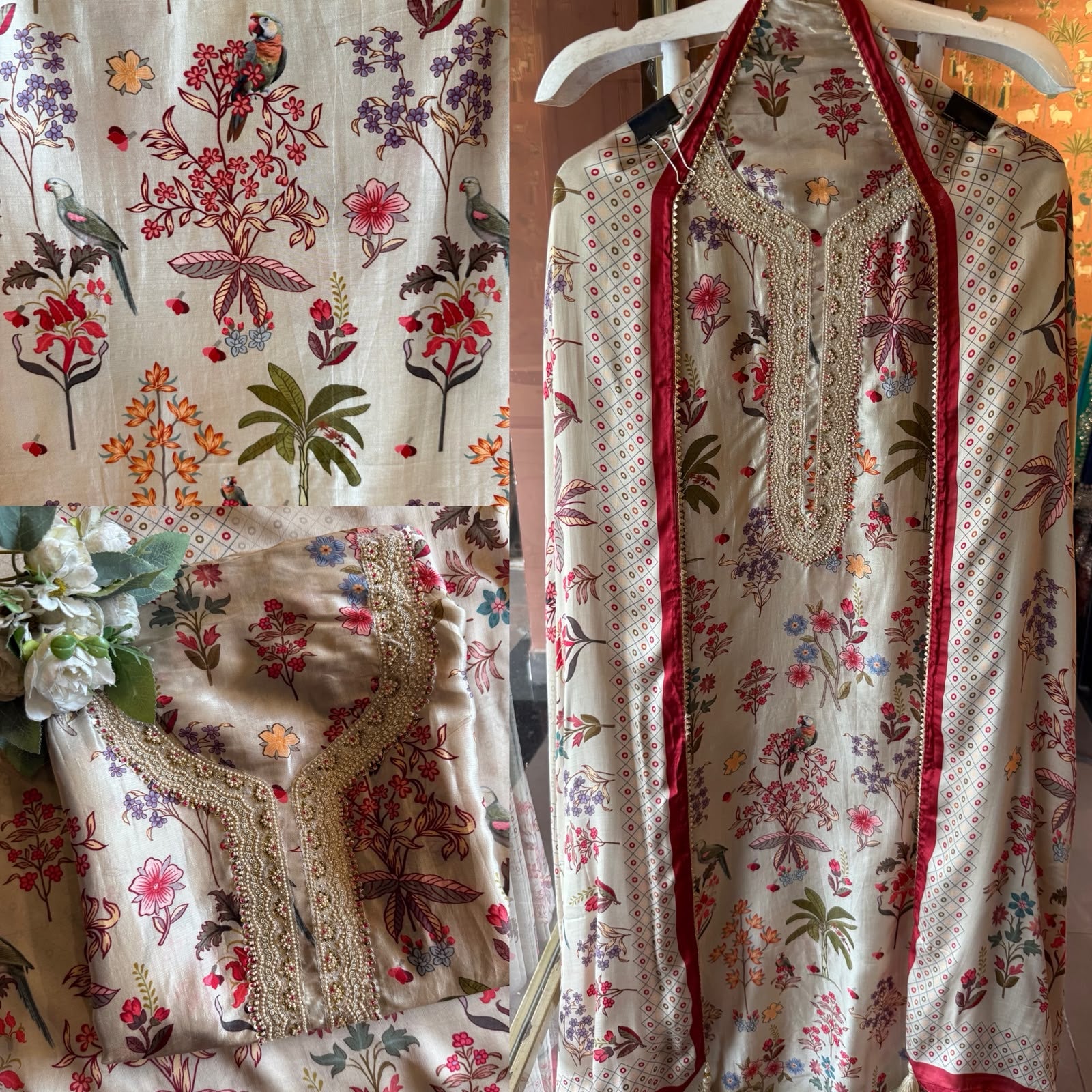 Floral Printed Suit Set with embroidered neck