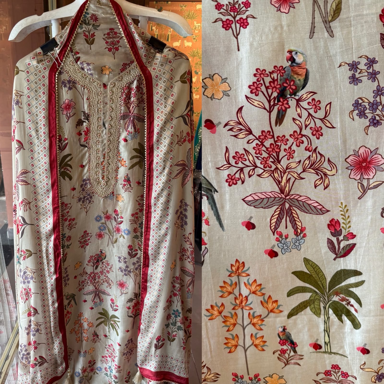 Floral Printed Suit Set with embroidered neck