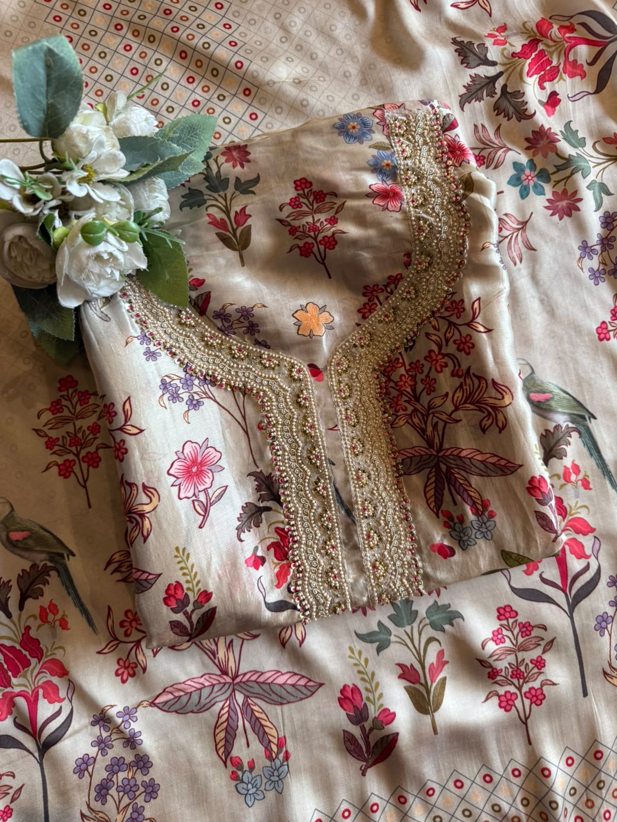 Floral Printed Suit Set with embroidered neck
