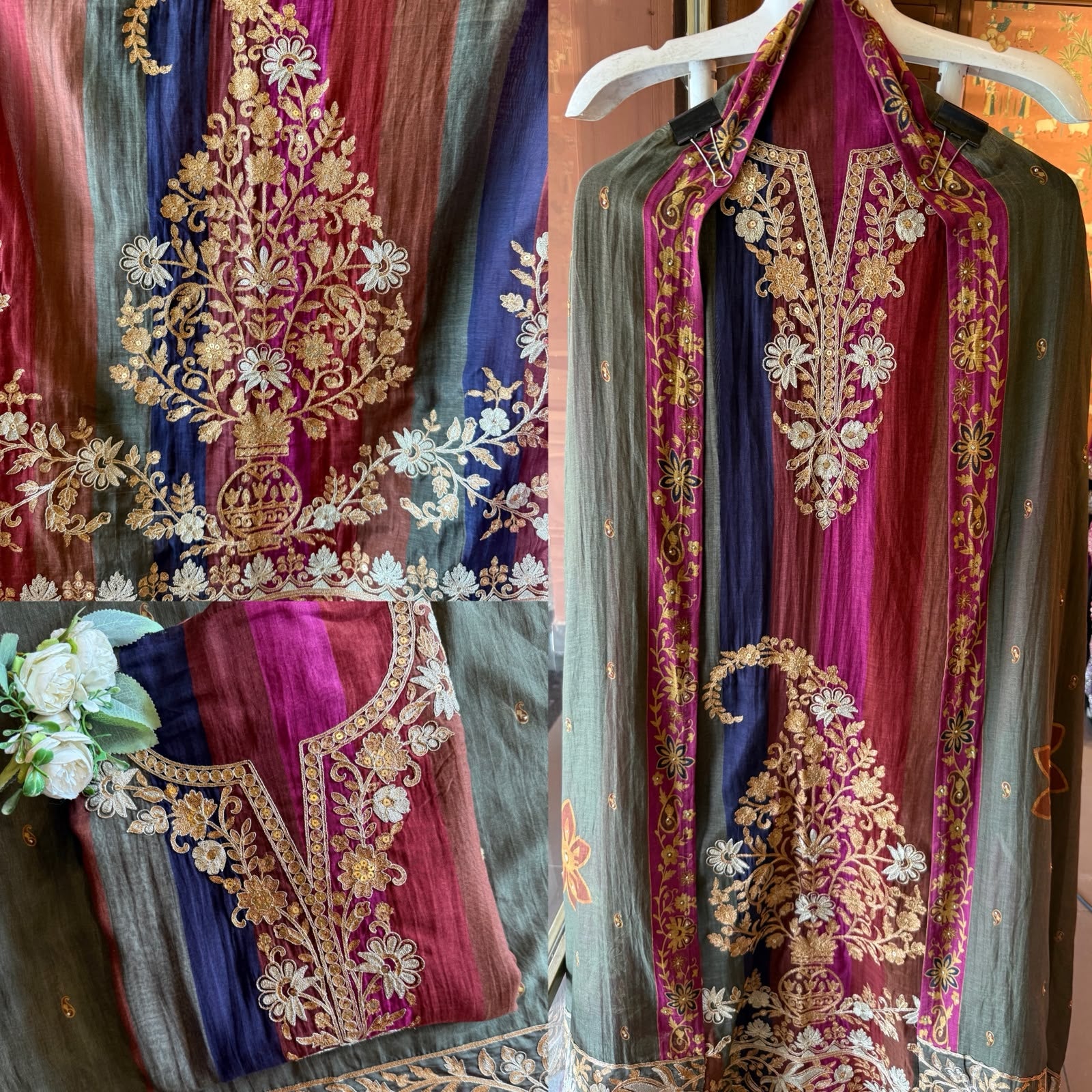 Multicoloured Embroidered Mul chanderi suit Set