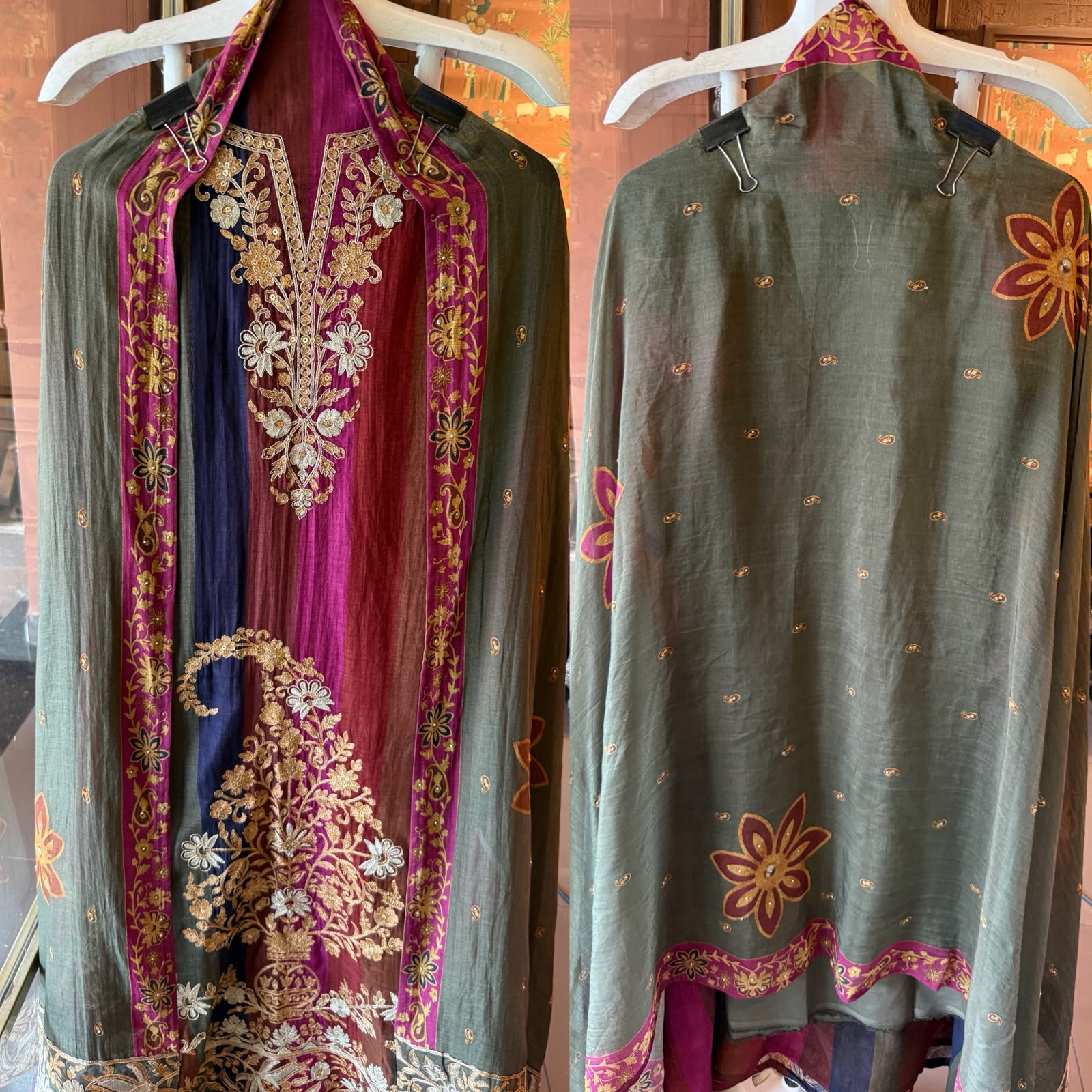 Multicoloured Embroidered Mul chanderi suit Set