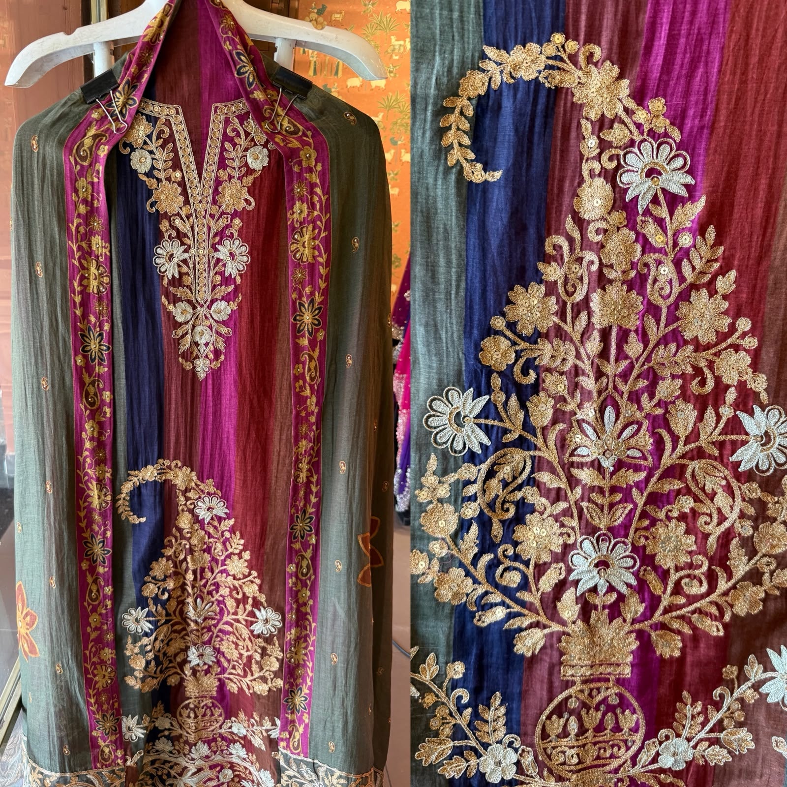 Multicoloured Embroidered Mul chanderi suit Set