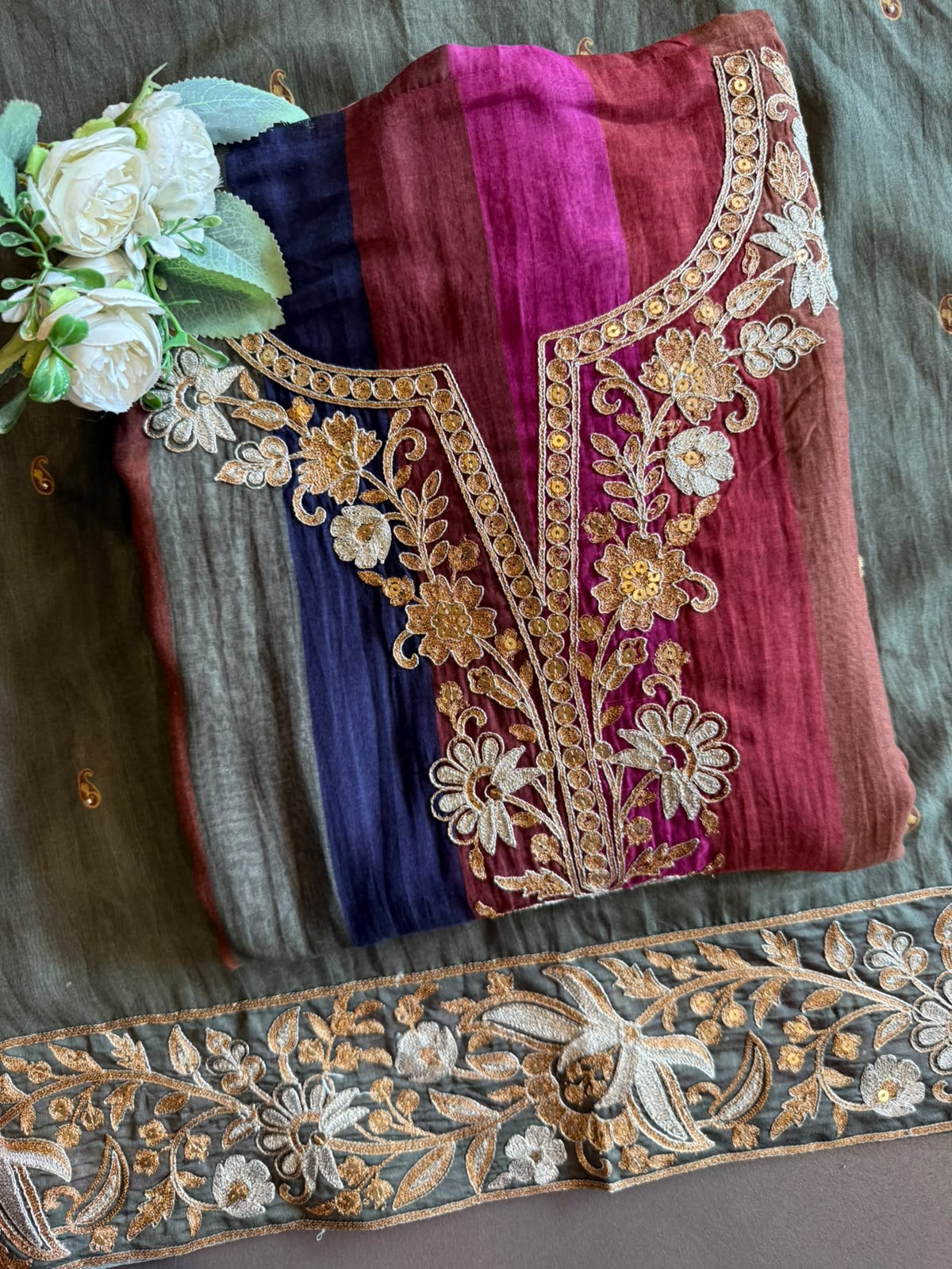Multicoloured Embroidered Mul chanderi suit Set