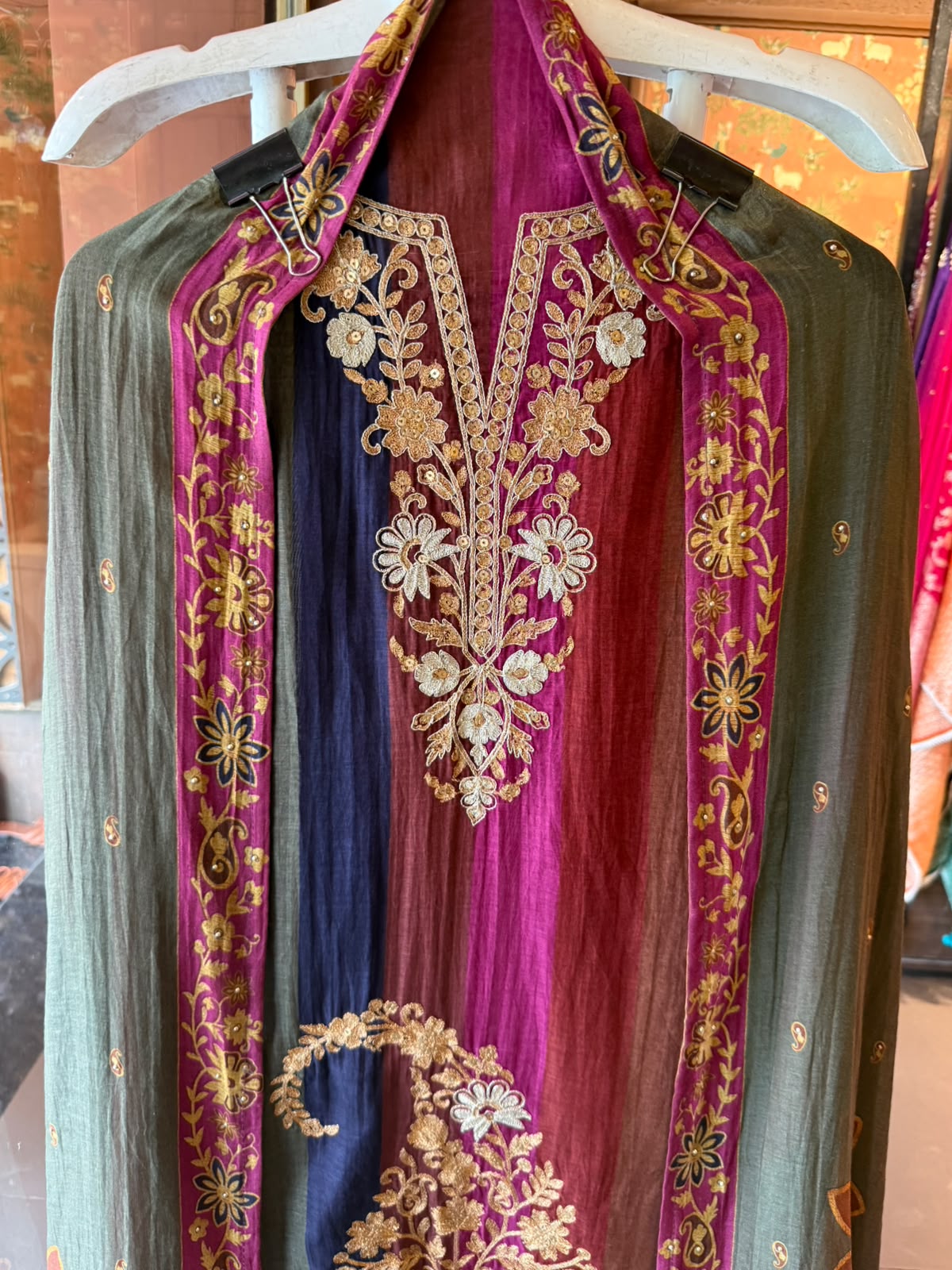 Multicoloured Embroidered Mul chanderi suit Set