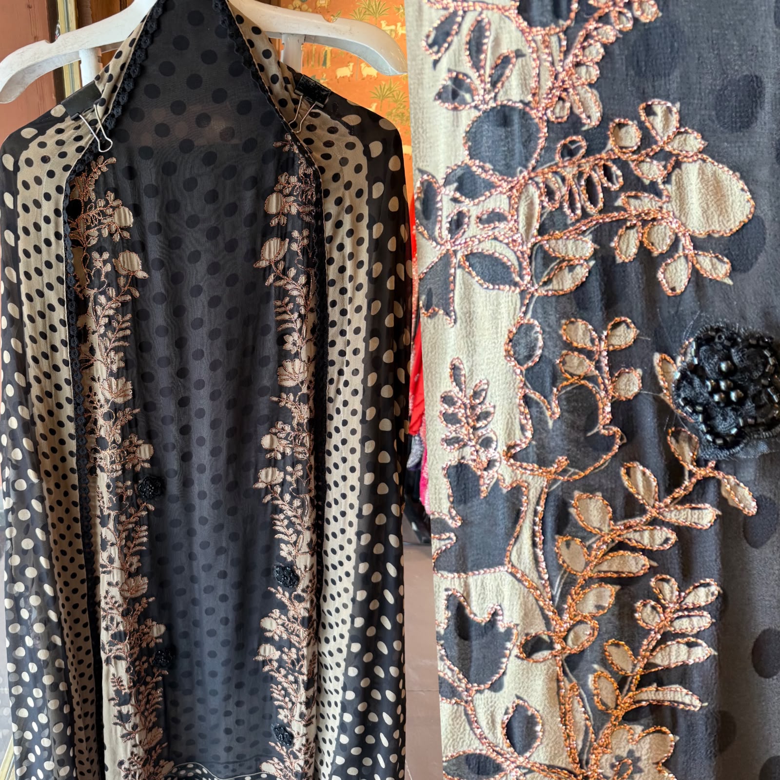 Black & Beige Polka Dot Set on Pure georgette