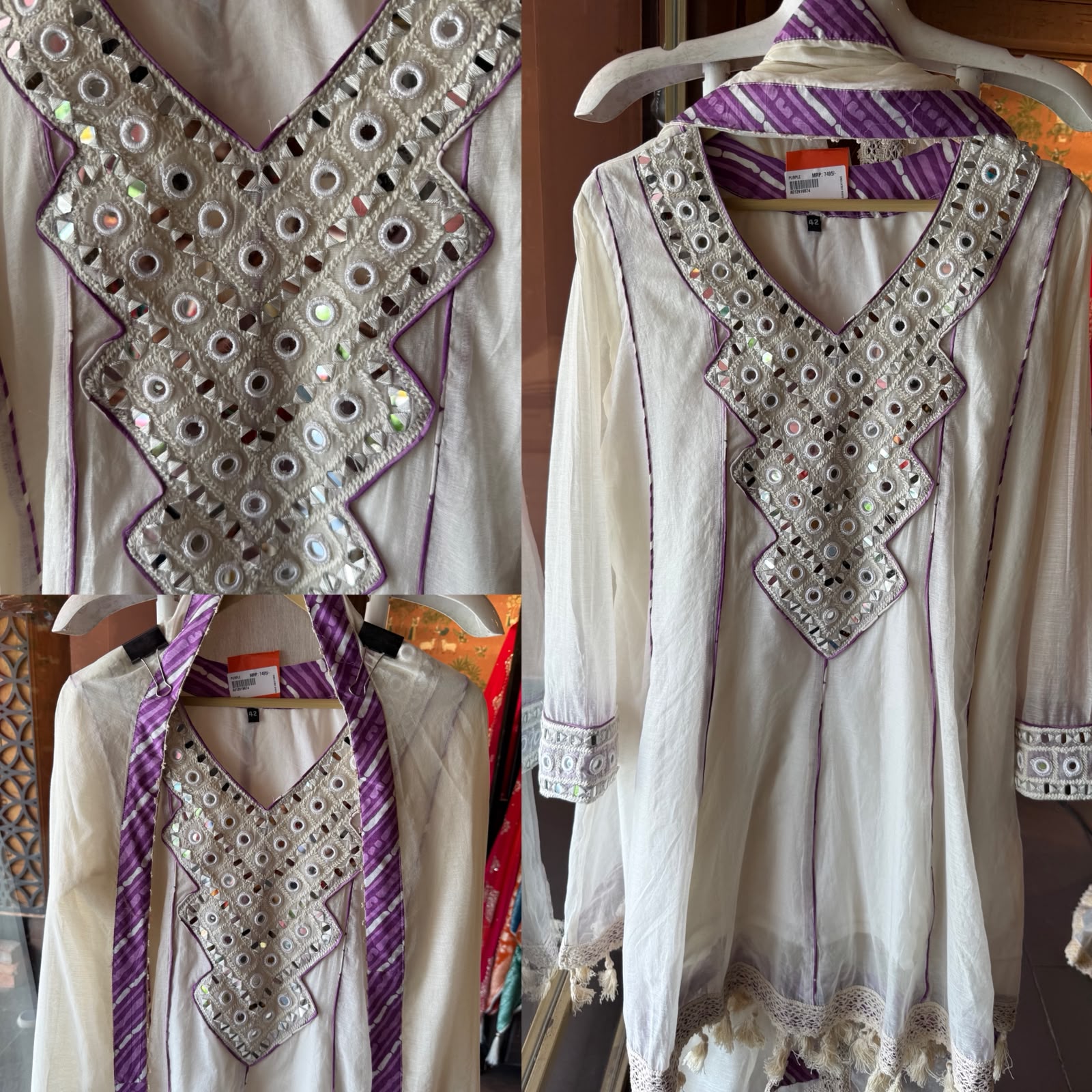 Mirror Work White Anarkali Set