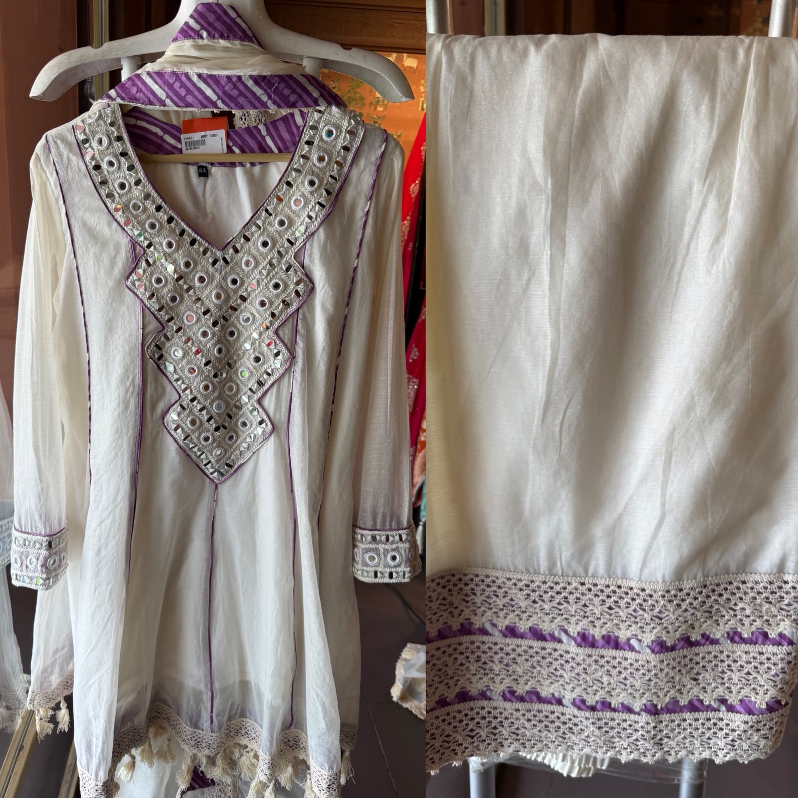 Mirror Work White Anarkali Set