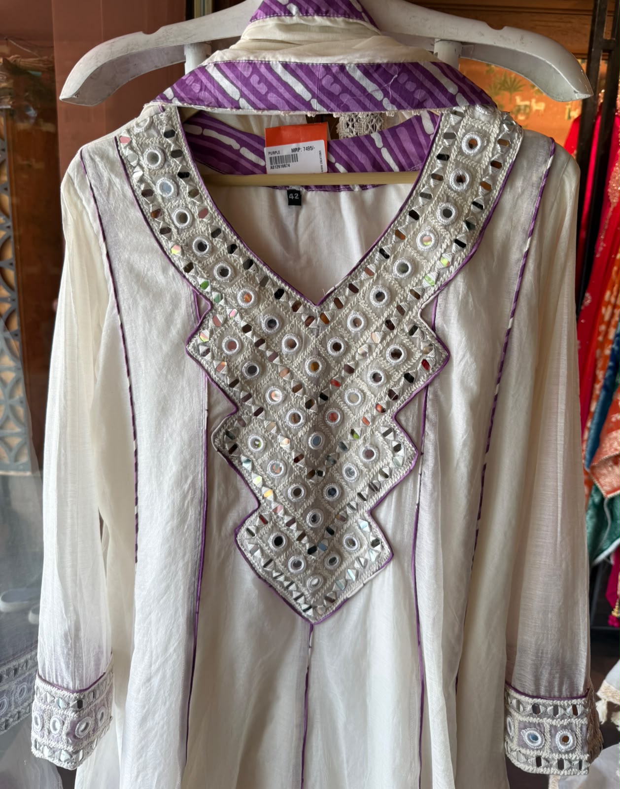 Mirror Work White Anarkali Set