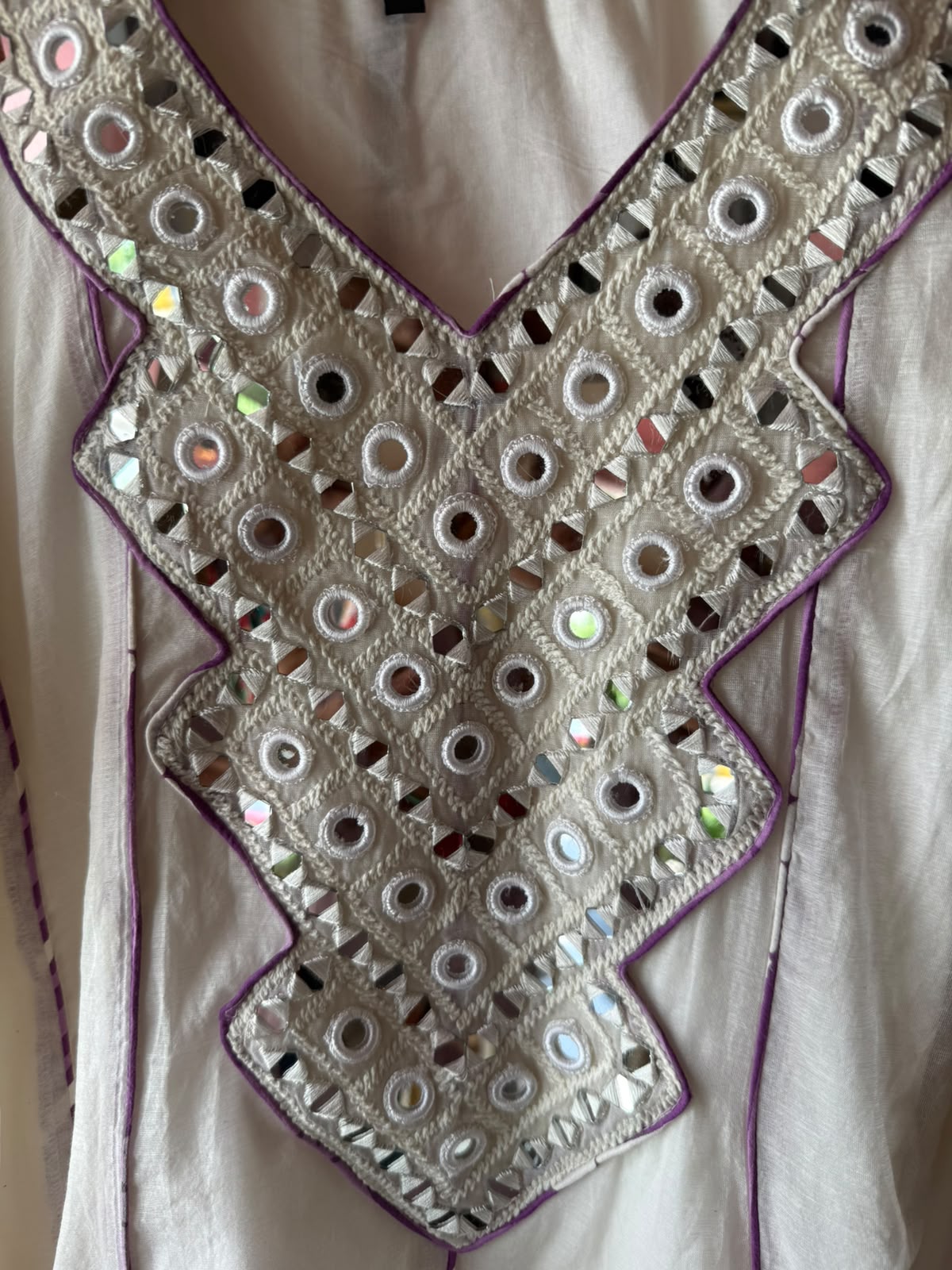 Mirror Work White Anarkali Set