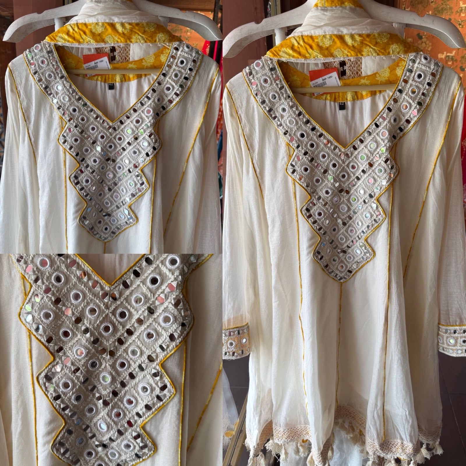 Mirror Work White Anarkali Set
