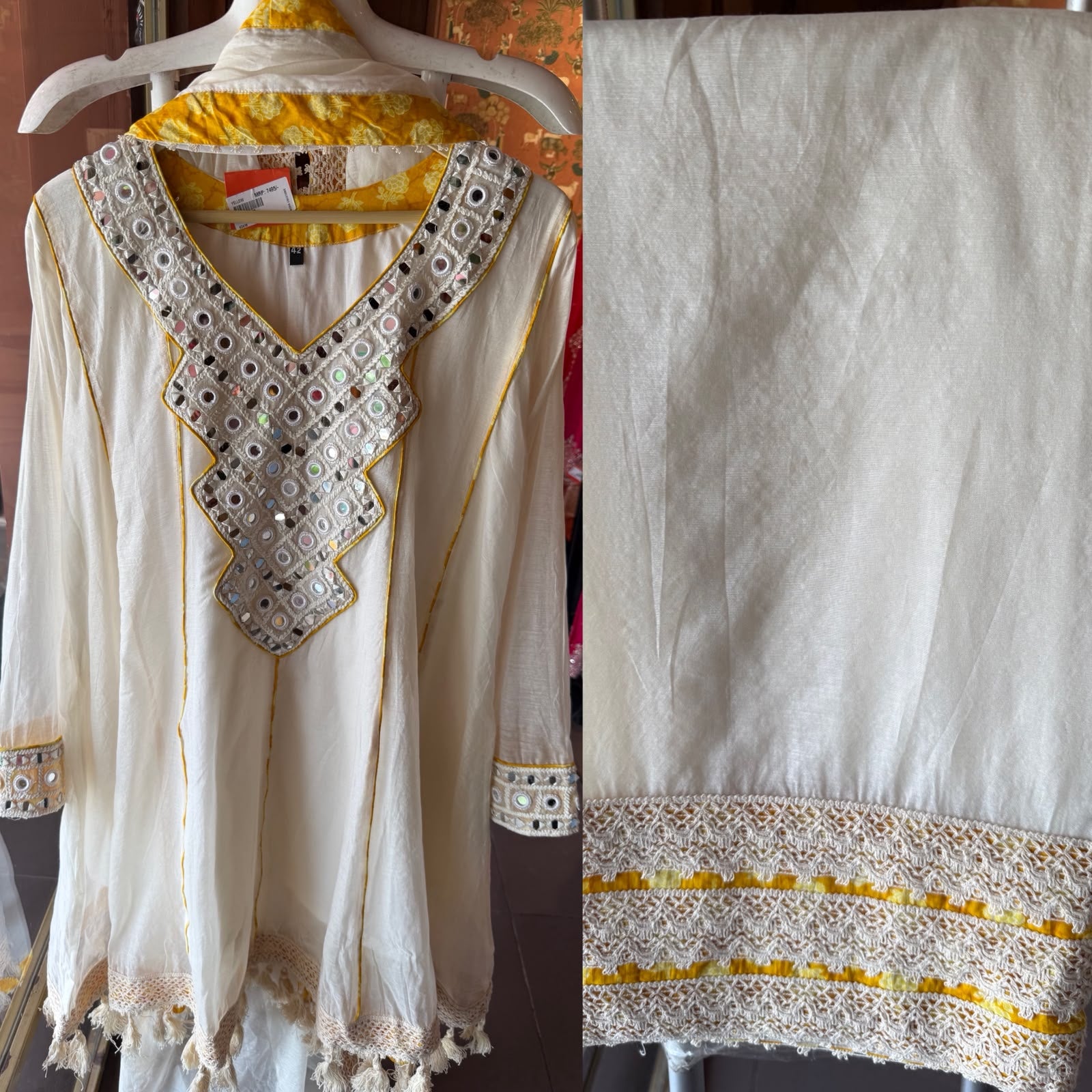 Mirror Work White Anarkali Set