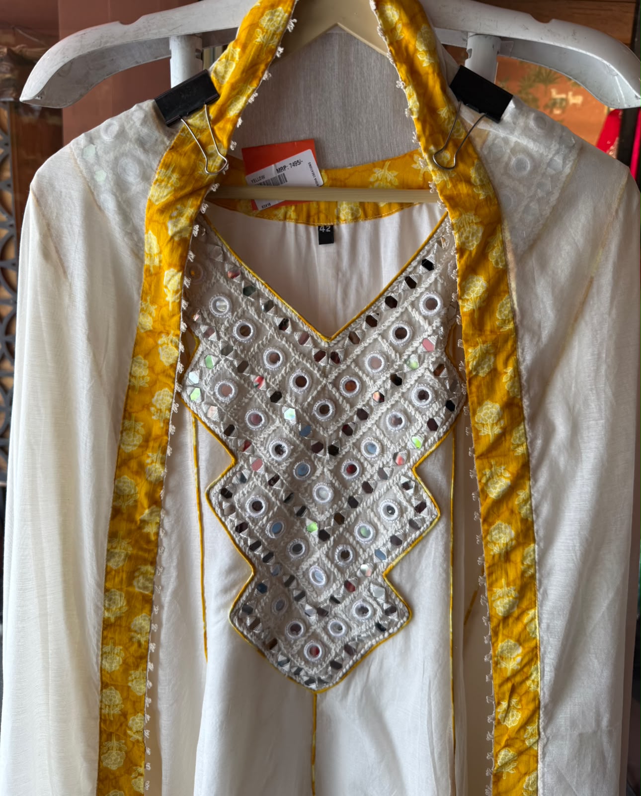 Mirror Work White Anarkali Set