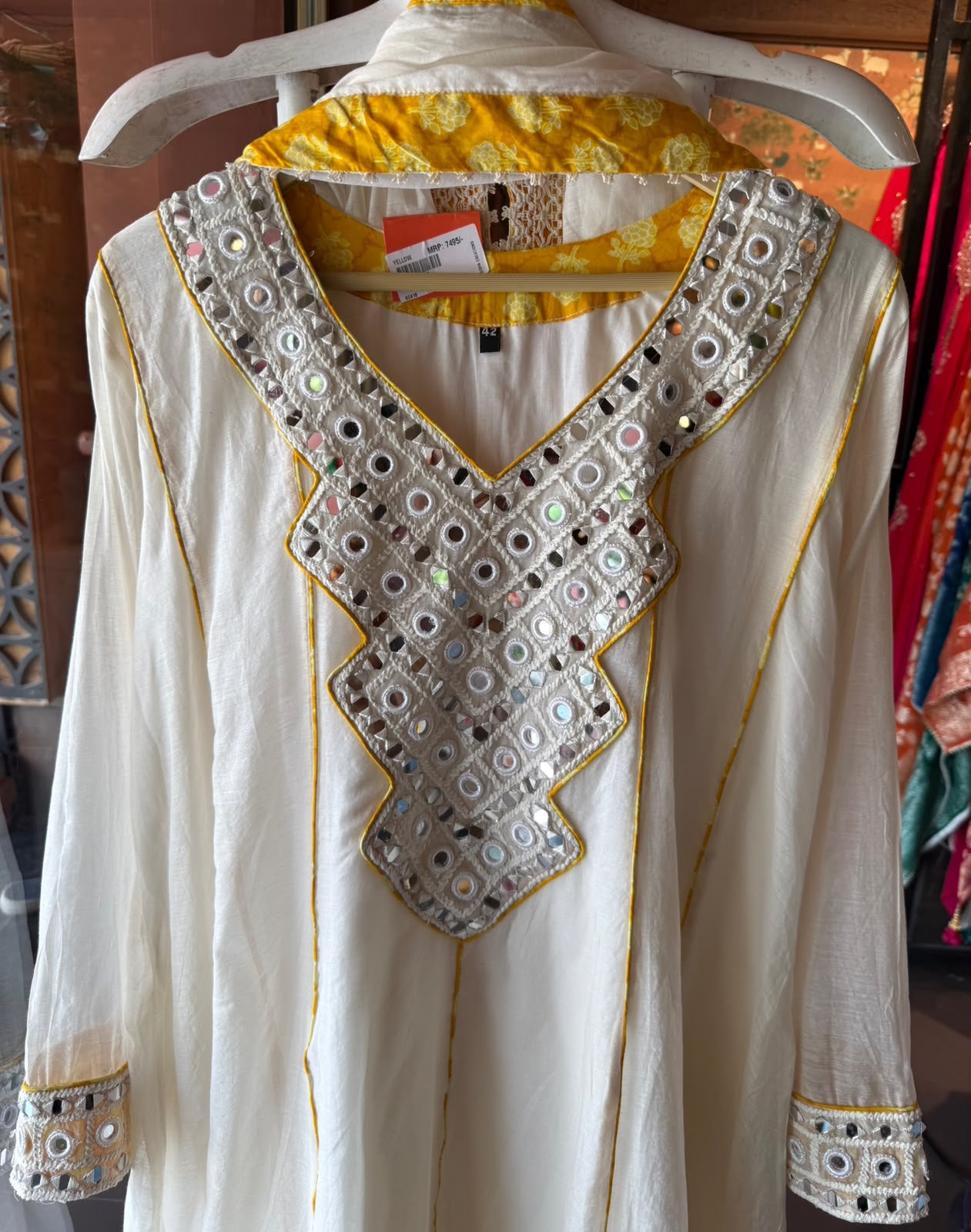 Mirror Work White Anarkali Set