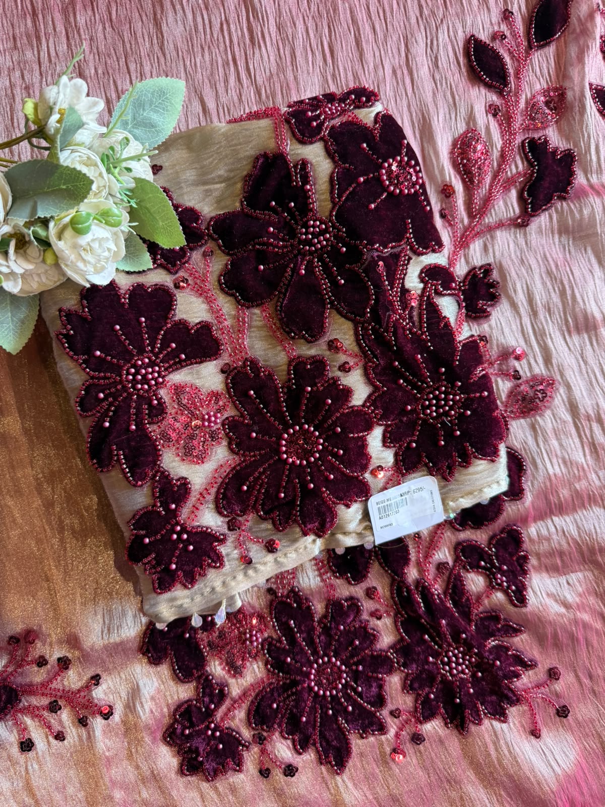 Luxurious velvet floral appliqué unstitched suit