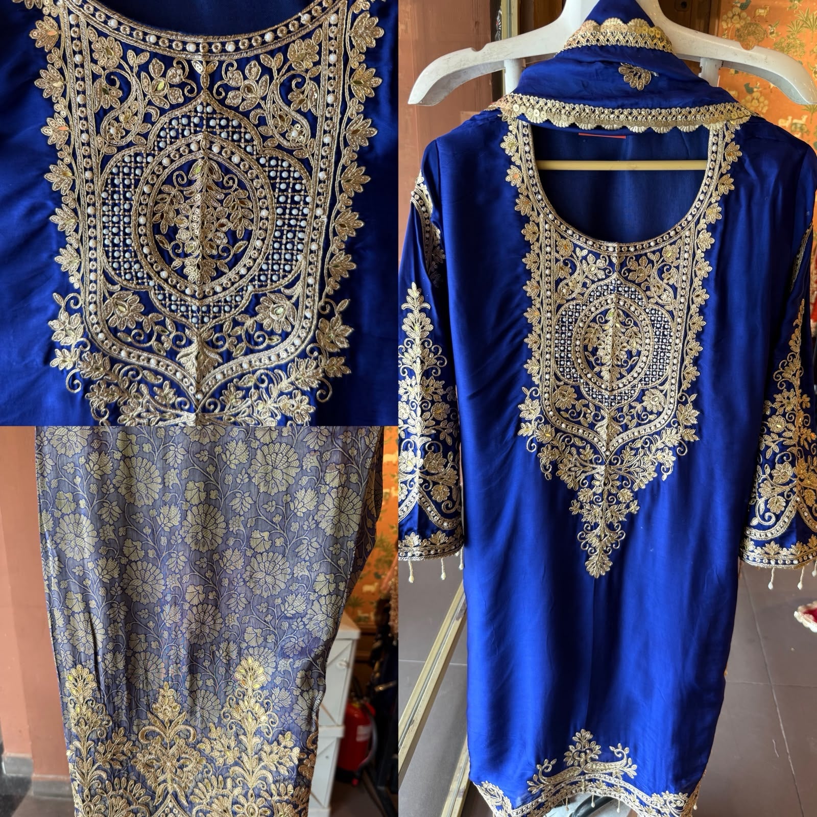 Embroidered designer Suit Set on PURE SATIN SILK WITH BROCADE PANTS